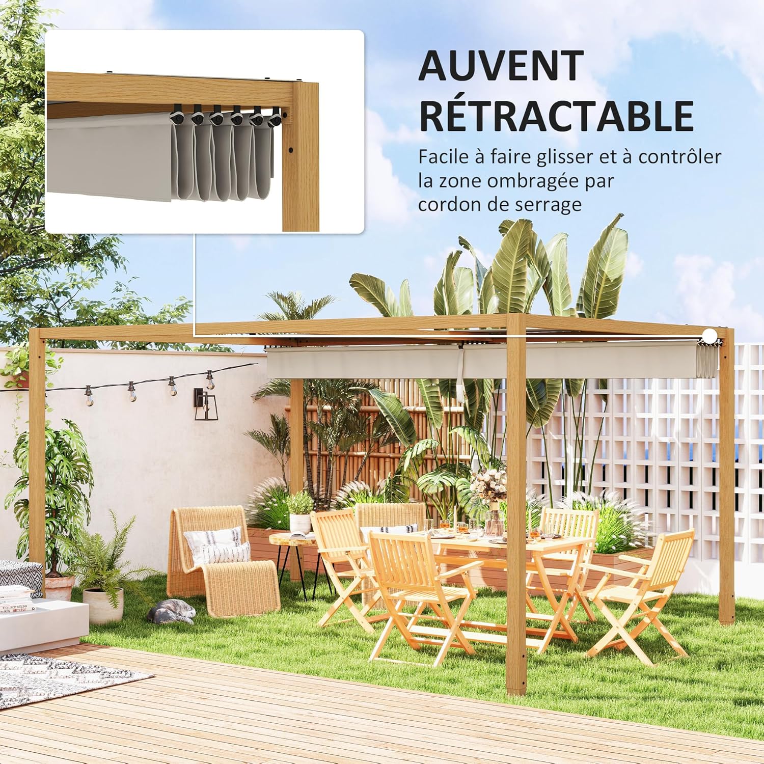 Outsunny - Pergola aluminium série bois naturel - 4x3m - toit rétractable, drainage intégré