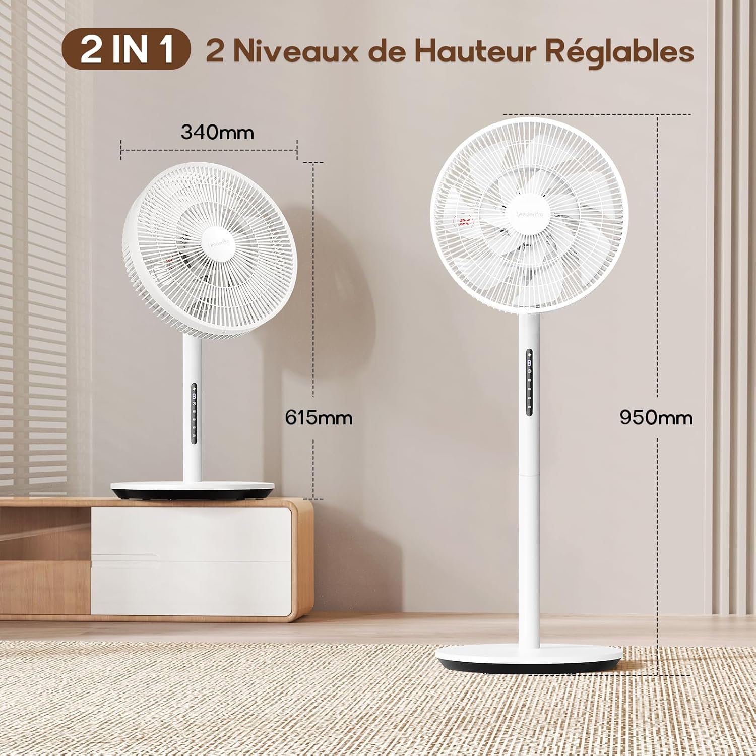 LeaderPro - ventilateur sur pied 120cm - 8 vitesses, télécommande, moteur DC