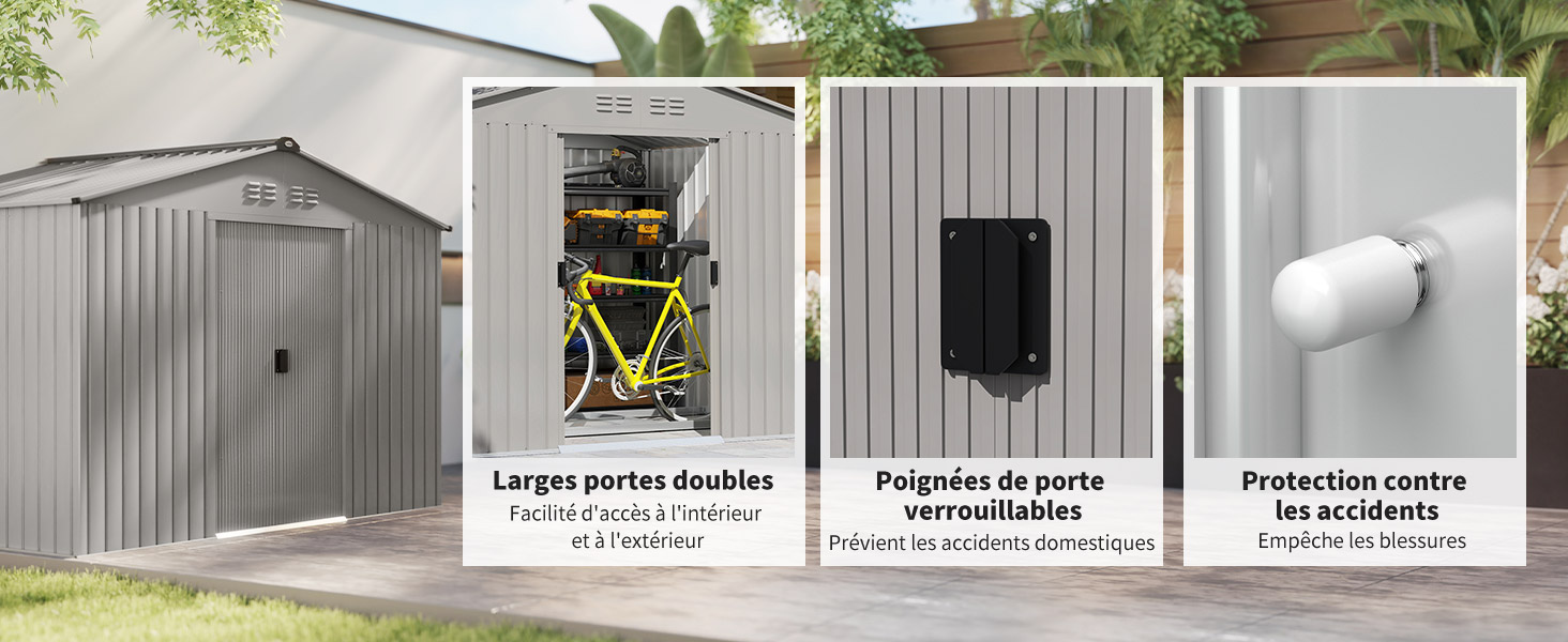 Collection d'abris de rangement ou de structures de jardin en métal présentés sous différents angles, avec des murs en tôle ondulée et des portes coulissantes.