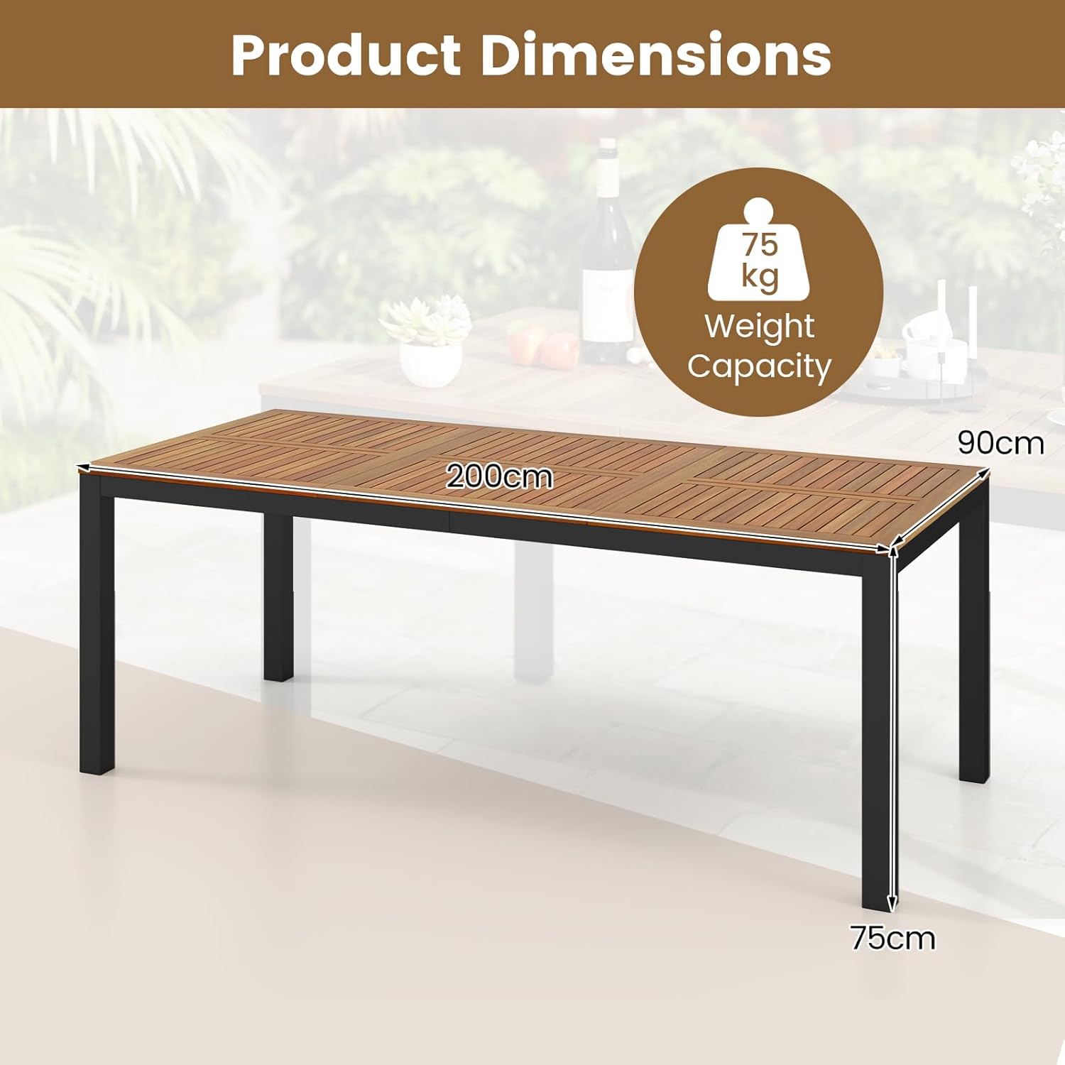 GOPLUS - Table de jardin 8 places, bois d'acacia, métal, 90x200x75cm