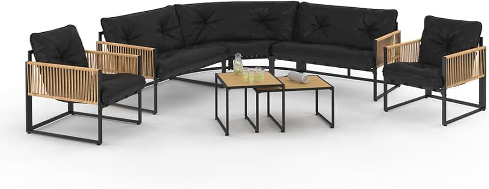 IDMarket - Rio salon de jardin angle 8 places métal rotin coussins noir