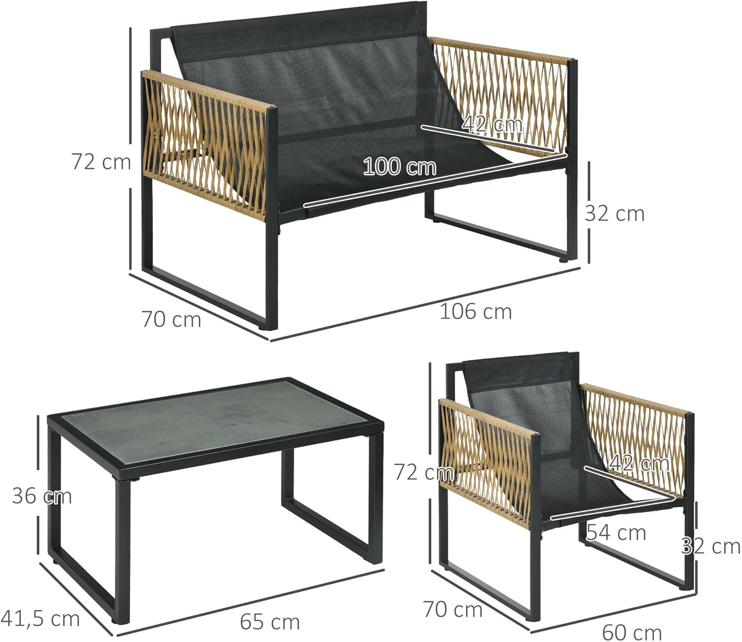 Outsunny - Salon extérieur 4 pièces, canapé 2 places, coussins gris, acier/résine, plateau en verre