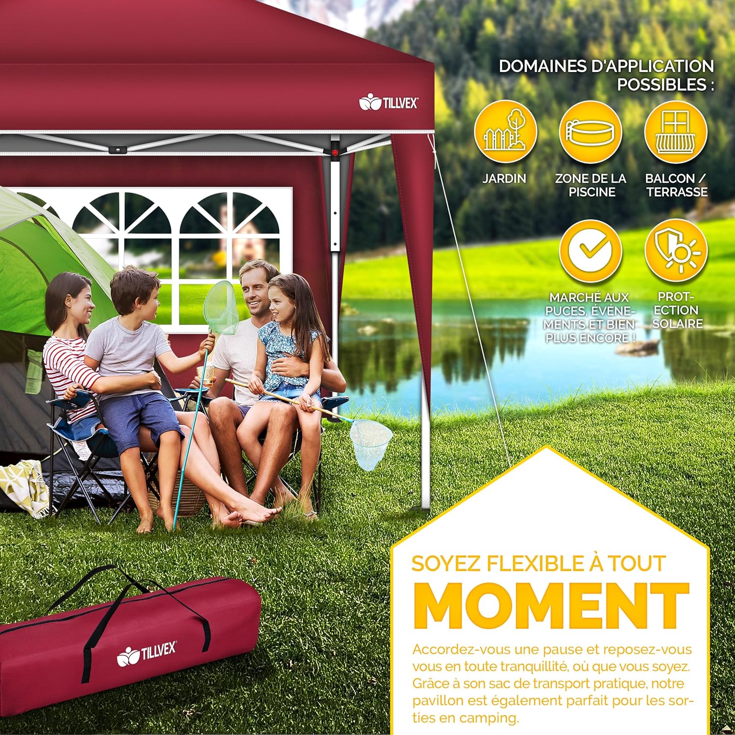 tillvex - tonnelle pliante 3x3m - 2 côtés, réglable, UV50+, sac inclus