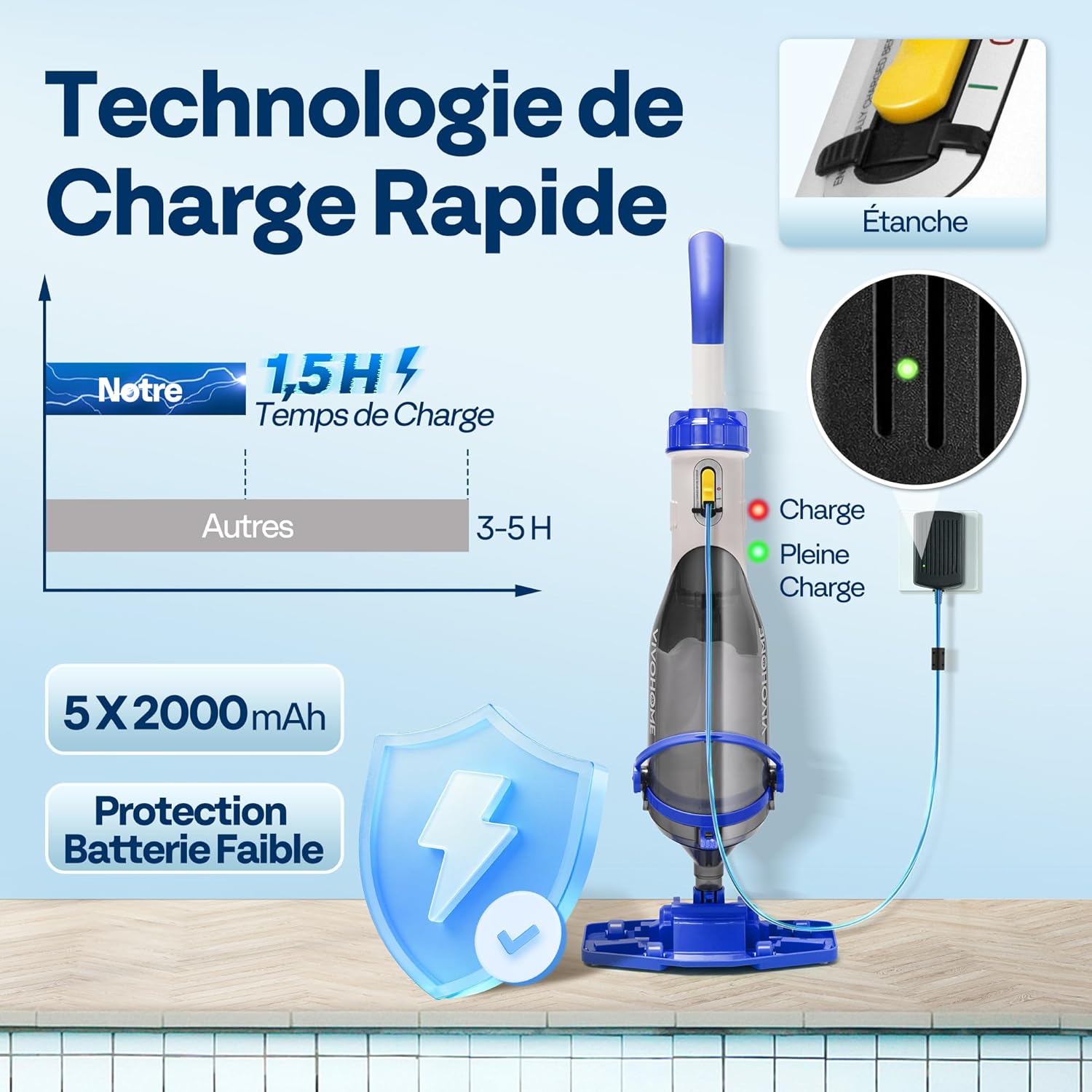 VIVOHOME - Aspirateur piscine série sans fil - 213cm - 4200LPH, 4 sacs filtrants, autonomie 60 min