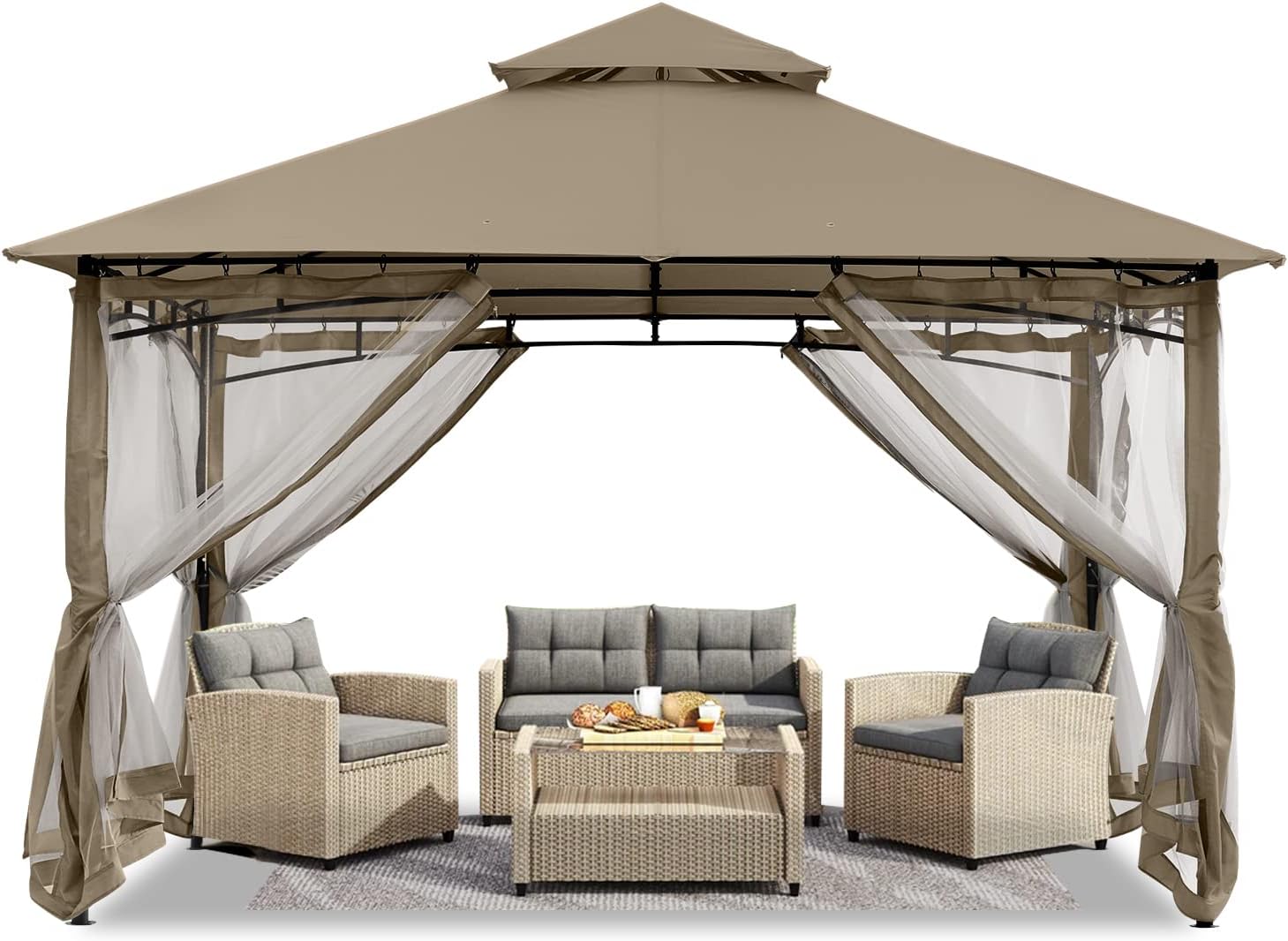 ABCCANOPY - Pavillon terrasse série double toit - 3,35x3,35m - Filet ombrage, résistant pluie, coloris kaki