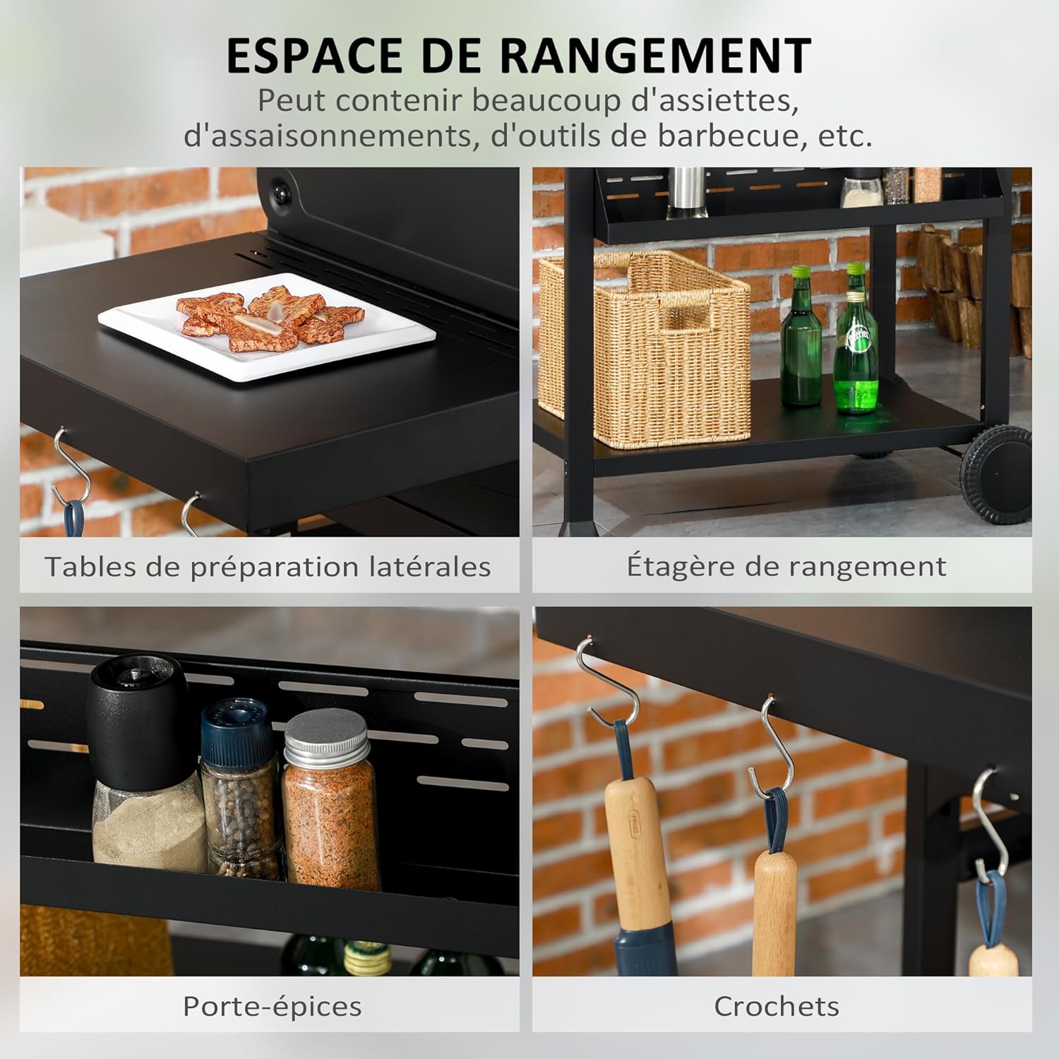 Outsunny - Barbecue gaz 4+1 brûleurs 12,5kW - roulettes, étagères