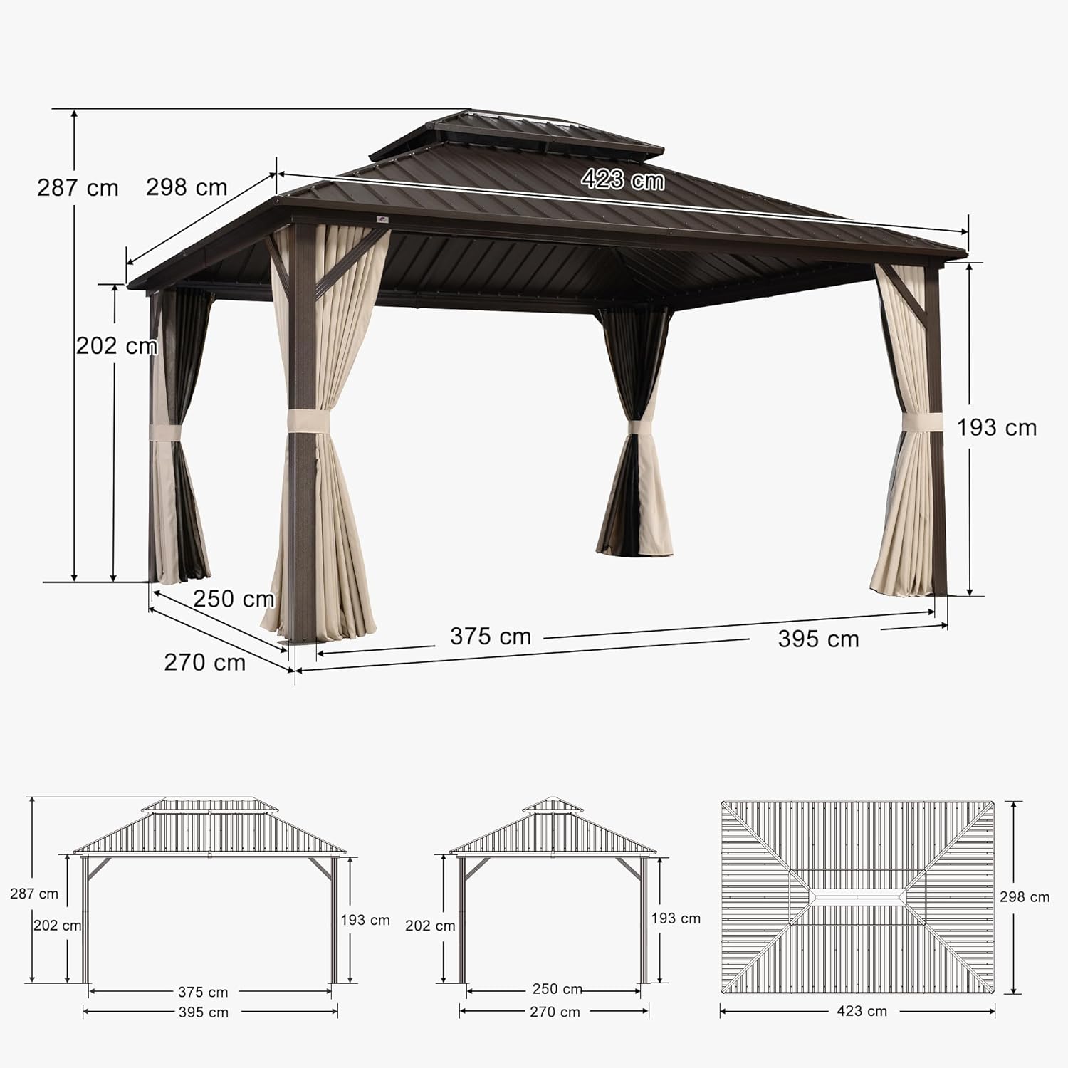 PURPLE LEAF - Pergola toit rigide - 4,25x3m - acier, aluminium, guirlande