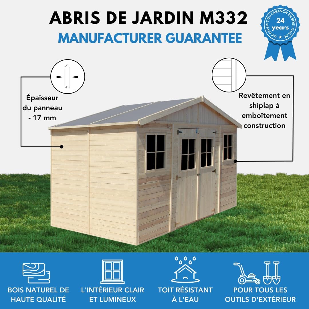 TIMBELA - série M332 - 8 m² - abri de jardin bois, fenêtres, H246x418x220 cm - M332