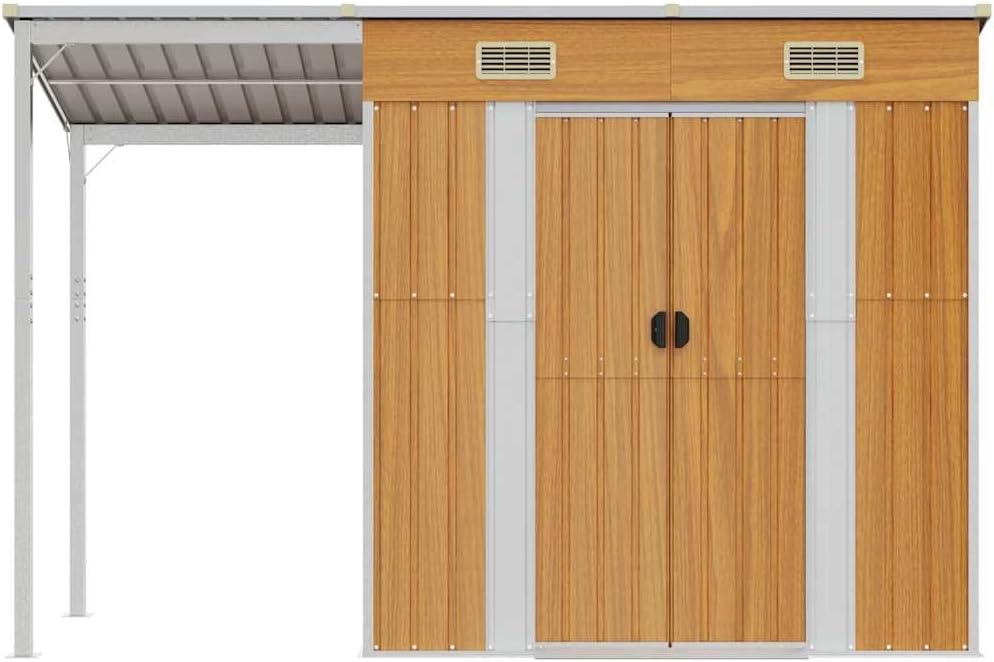 vidaXL Abri de Jardin avec Toit Prolongé, Cabane à Outils avec Poignées, Remise à Outils, Abri de Rangement Terrasse, Marron Clair 277x107x181 cm Acier