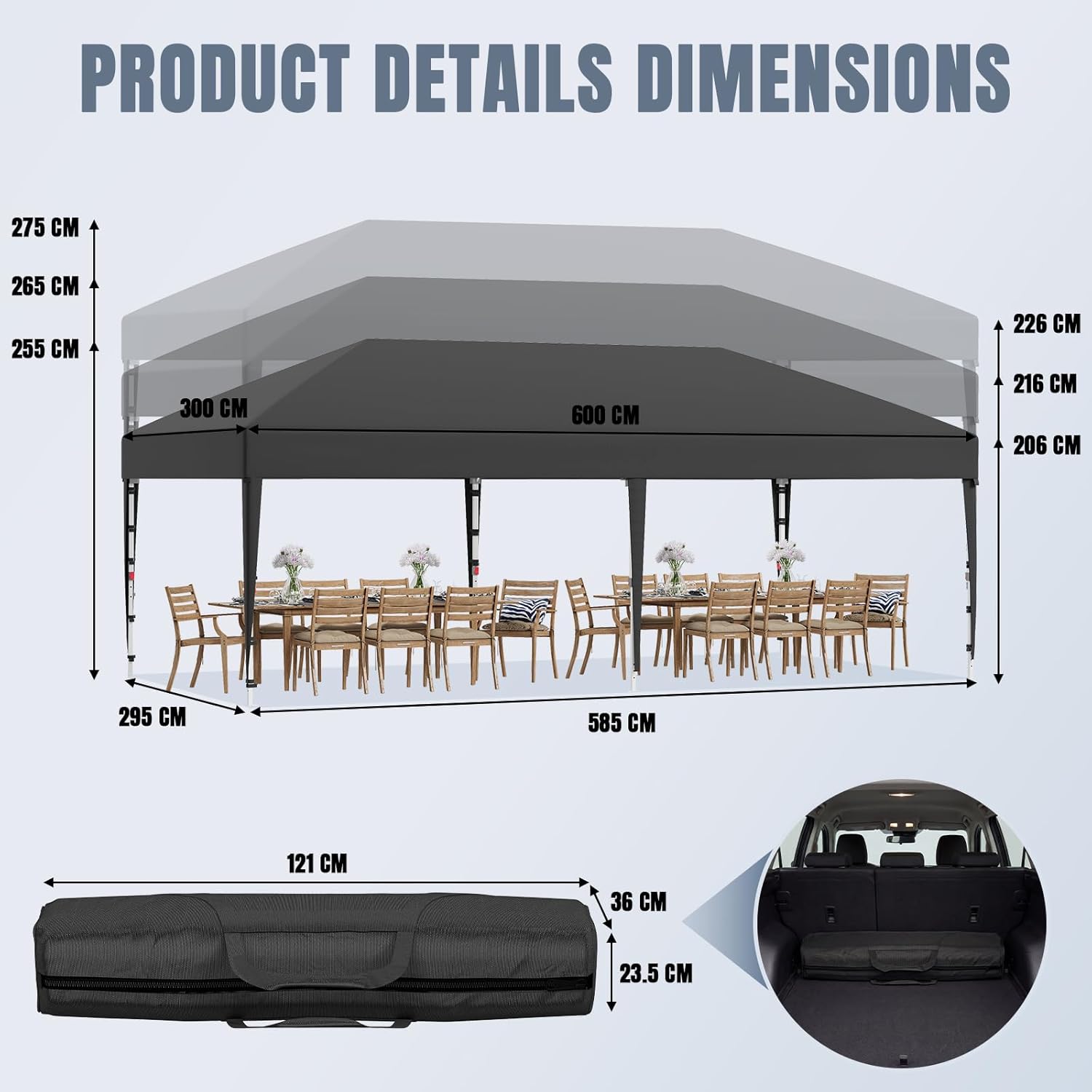 JUMMICO - Pavillon pliable série rapide - 3x6m - montage 5min, hauteur réglable, imperméable