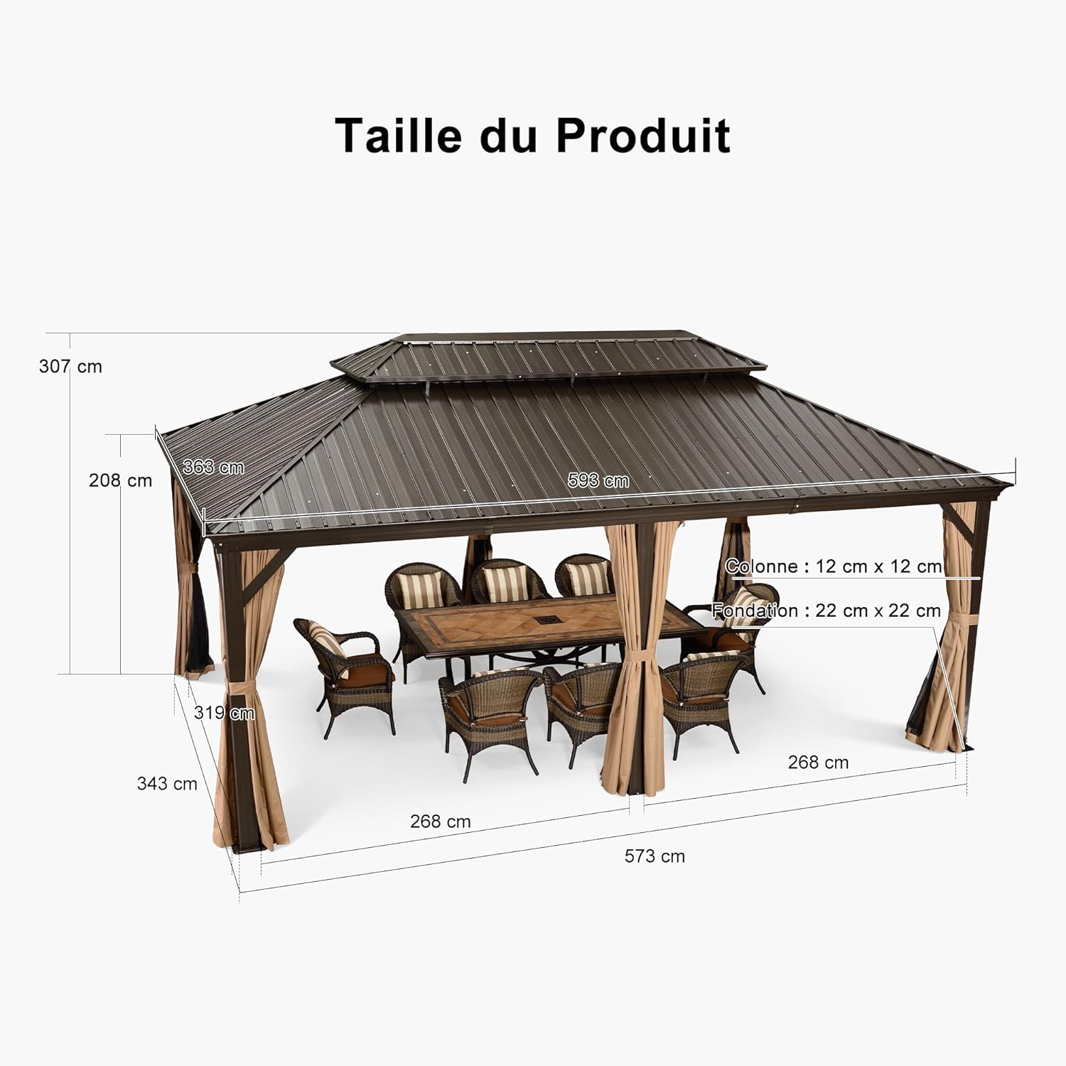 PURPLE LEAF - tonnelle jardin extérieur - 6x3,65m - alu, éclairage, rideaux, gouttière, poteaux renforcés, bronze