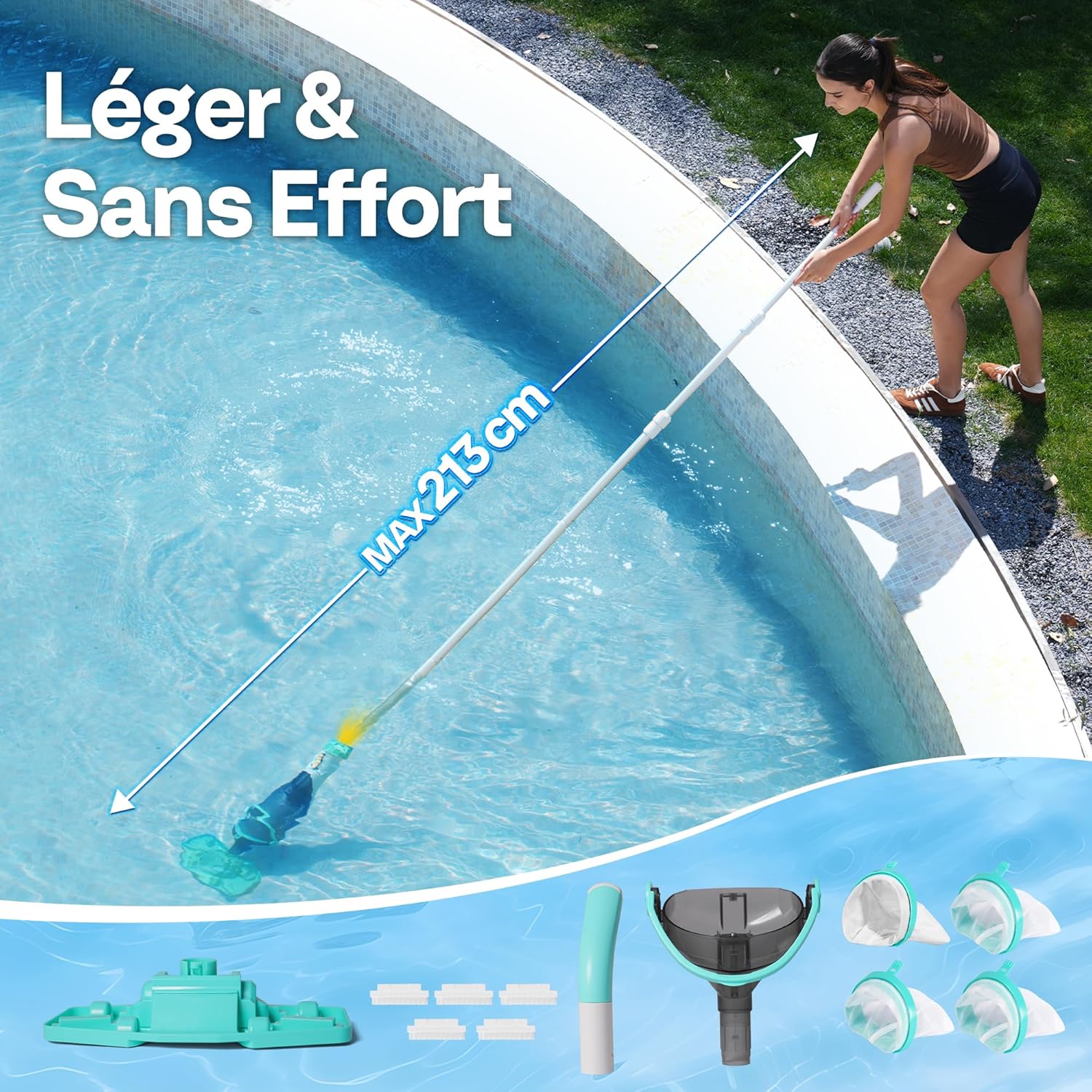 VIVOHOME 213cm Aspirateur de Piscine sans Fil, Puissance d'Aspiration jusqu'à 70LPM, Nettoyeur de Piscine Portable avec 4 Sacs Filtrants, pour Piscine Hors-Solet et Enterrée, Spa Global Recycled Standard