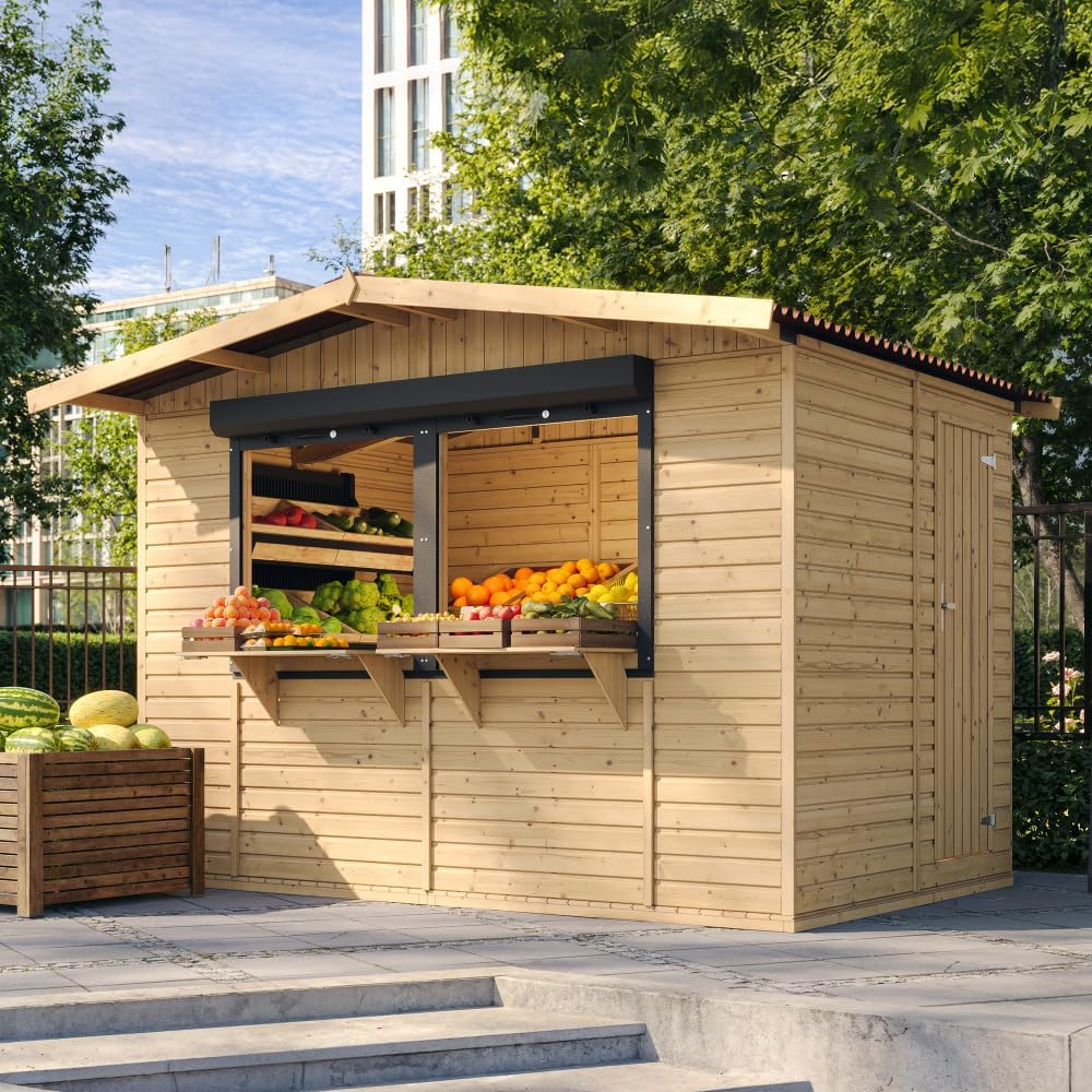 Timbela - Abri de jardin bois, 6m², 2 fenêtres, volets roulants, 336x263x232 cm - M150Z