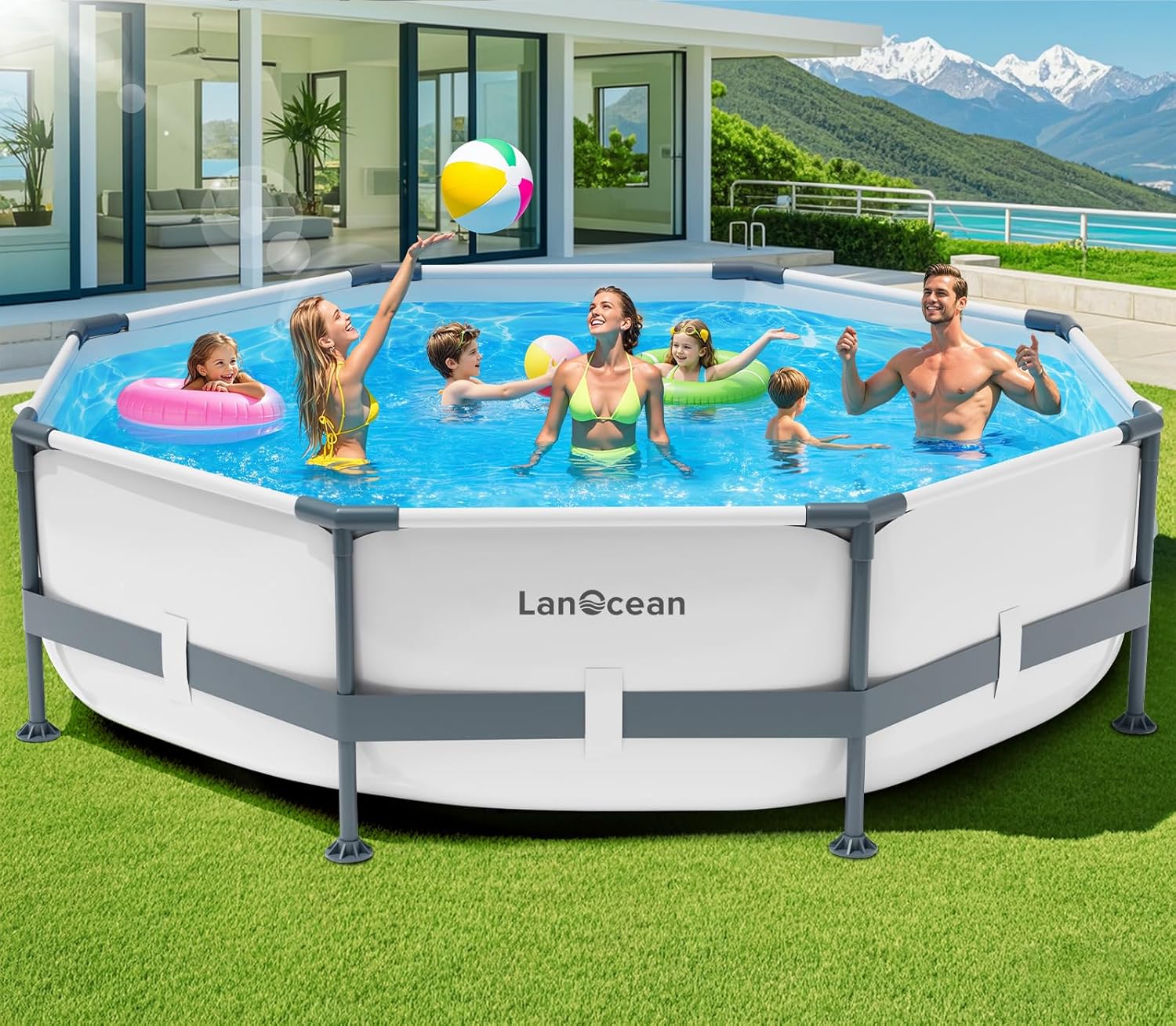 LanOcean Piscine Tubulaire Ronde 300x300x60cm, Piscine Hors Sol Ronde avec Matériau Anti-Crevaison, Grande Piscines Steel Frame Adulte Vidange Rapide, Piscines Tubulaire Jardin pour Toute la Famille
