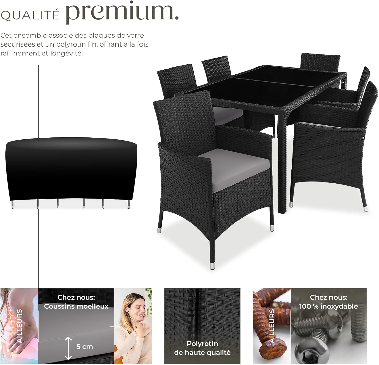 tectake - salon de jardin poly rotin, table et 6 chaises, UV résistant