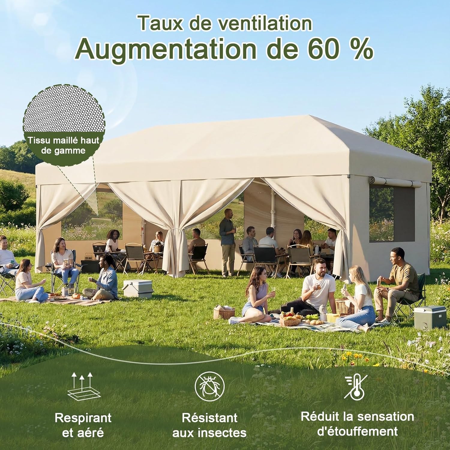 Devoko - Tonnelle pliante 3x6m - fenêtre moustiquaire, imperméable, UV50+