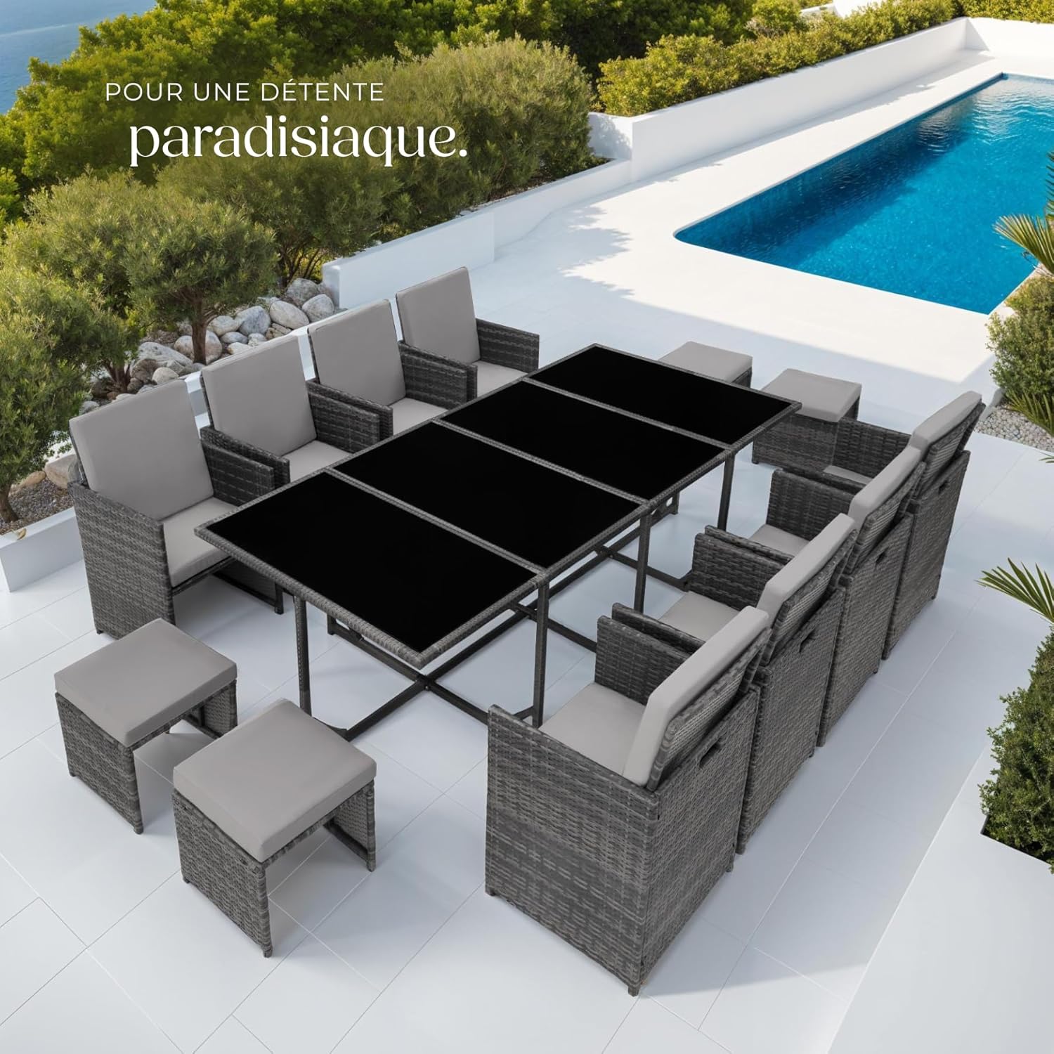 tectake - Salon Résine Tressée, 8 chaises, 4 tabourets, table, gris