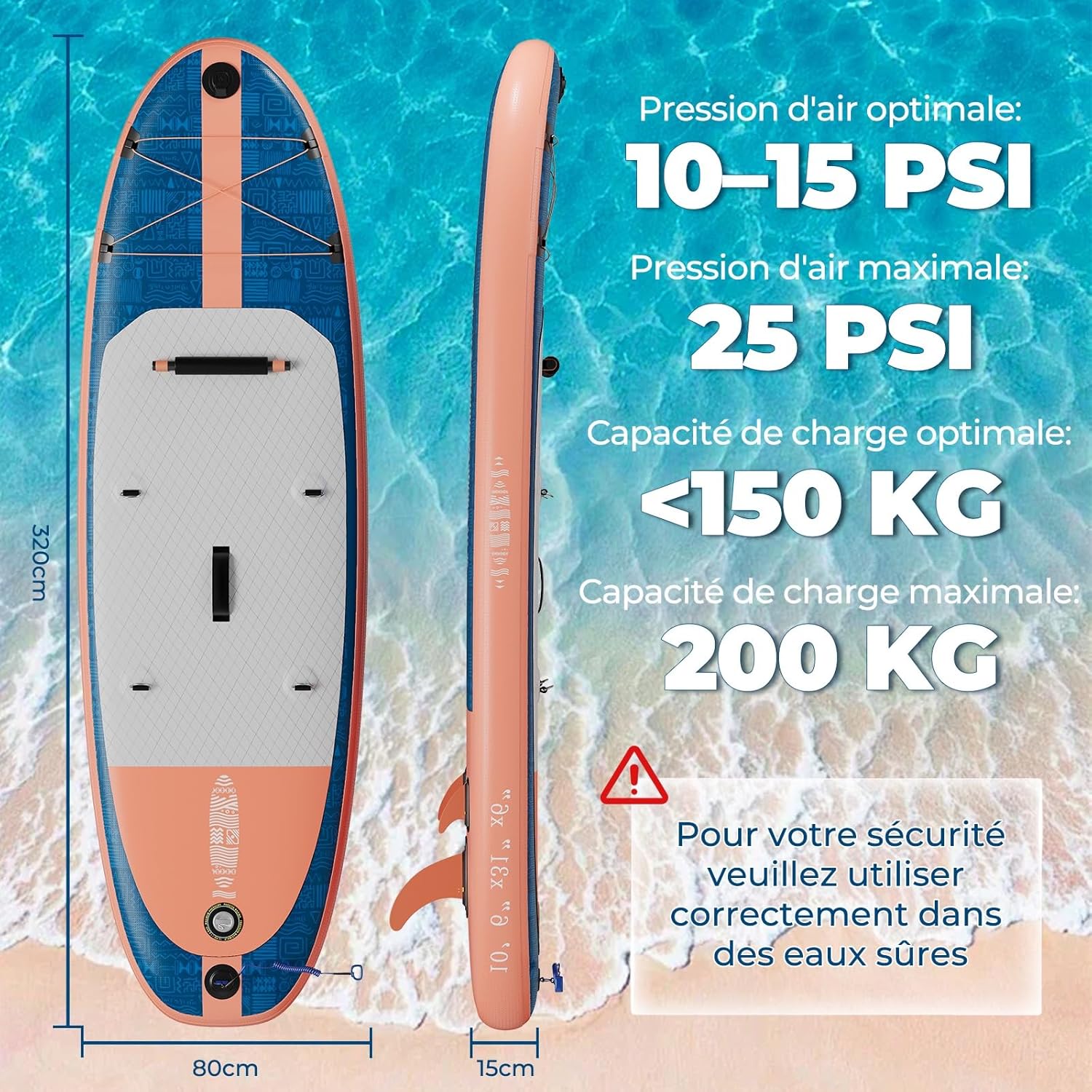Devoko - Planche Paddle 2-en-1 - 320cm - Siège, 130kg, Yoga, Pêche