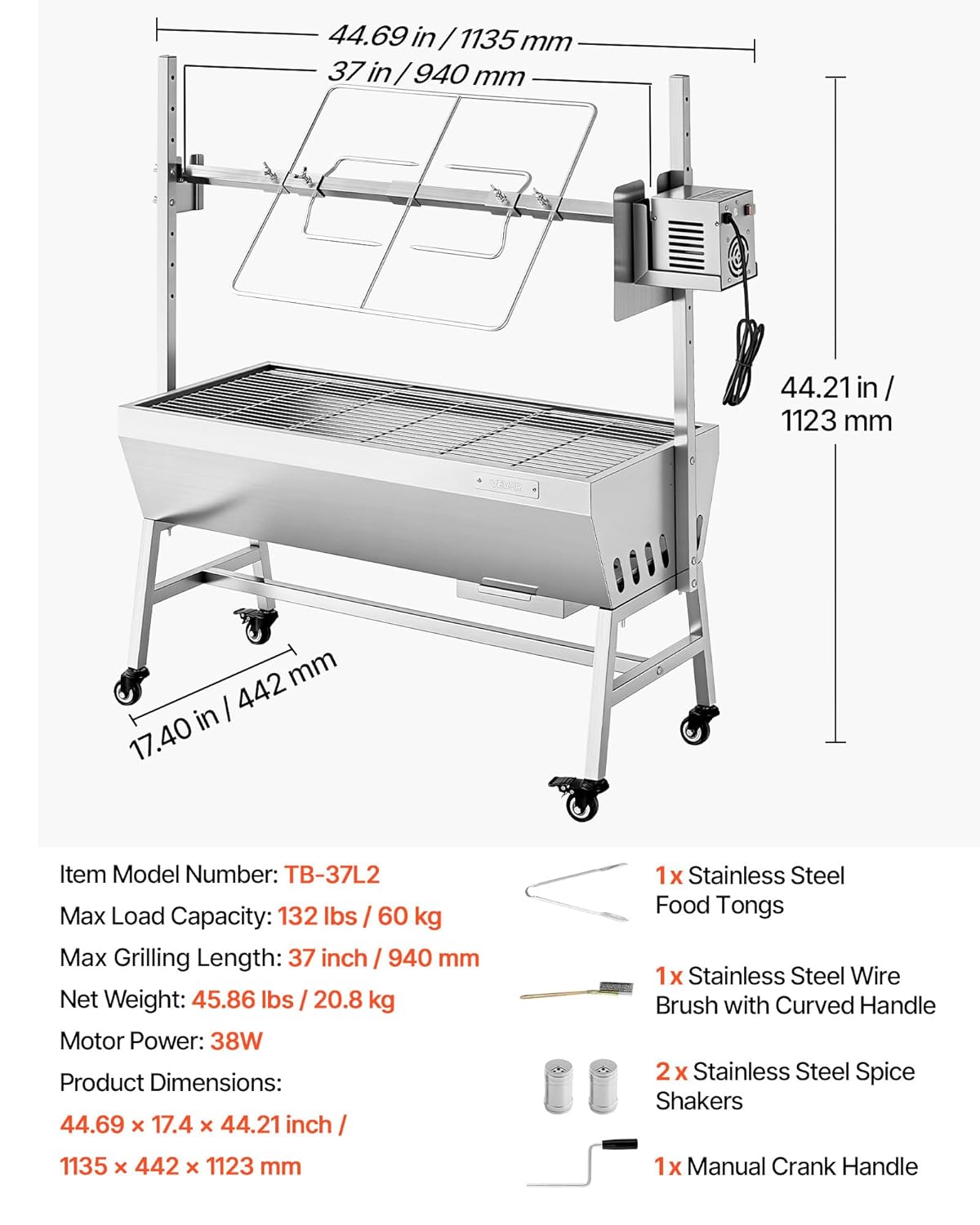 VEVOR - Barbecue à charbon avec tournebroche, 7 hauteurs, 60kg, 38W, inox
