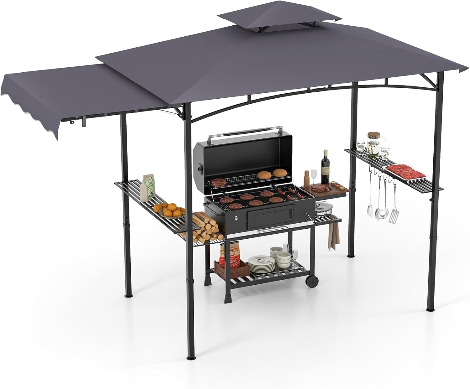 GOPLUS Tonnelle pour Barbecue avec Auvent Latéral, Abri Barbecue Extérieur avec Dessus à 2 Niveaux, Crochets, Décapsuleur, Dessus Souple, pour Jardin, Cour (242+84x126x250CM|Gris Foncé)