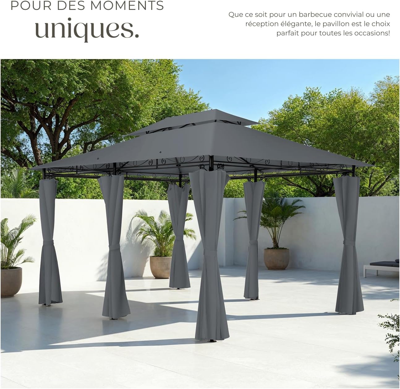 tectake - tonnelle de jardin 4x3m - acier epoxy, imperméable, rideaux, UV50+