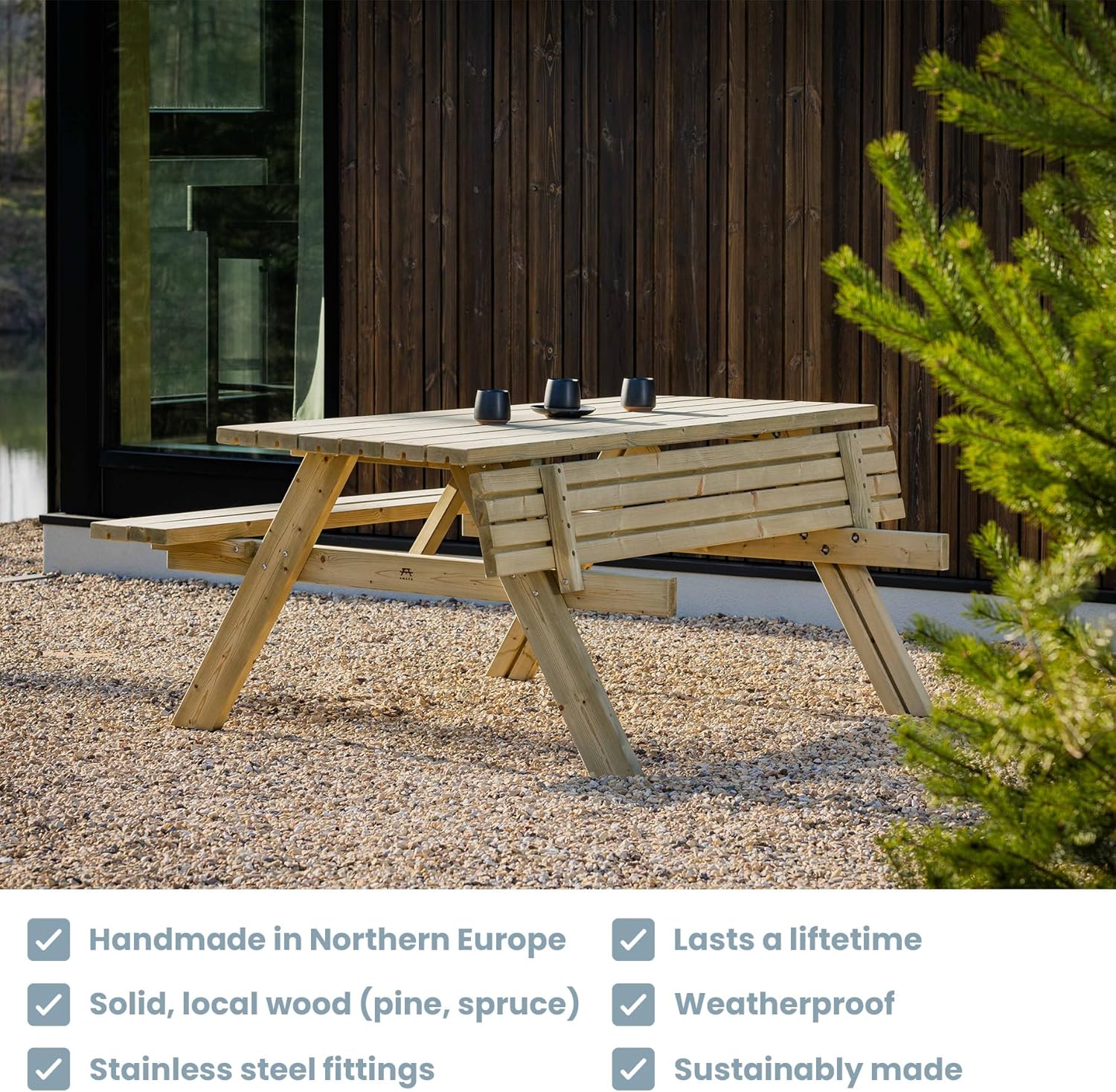 Table de Pique-Nique - Collection UNGURS - Résistante aux intempéries - Sièges pliants, idéale jardin_extérieur - Amata-
