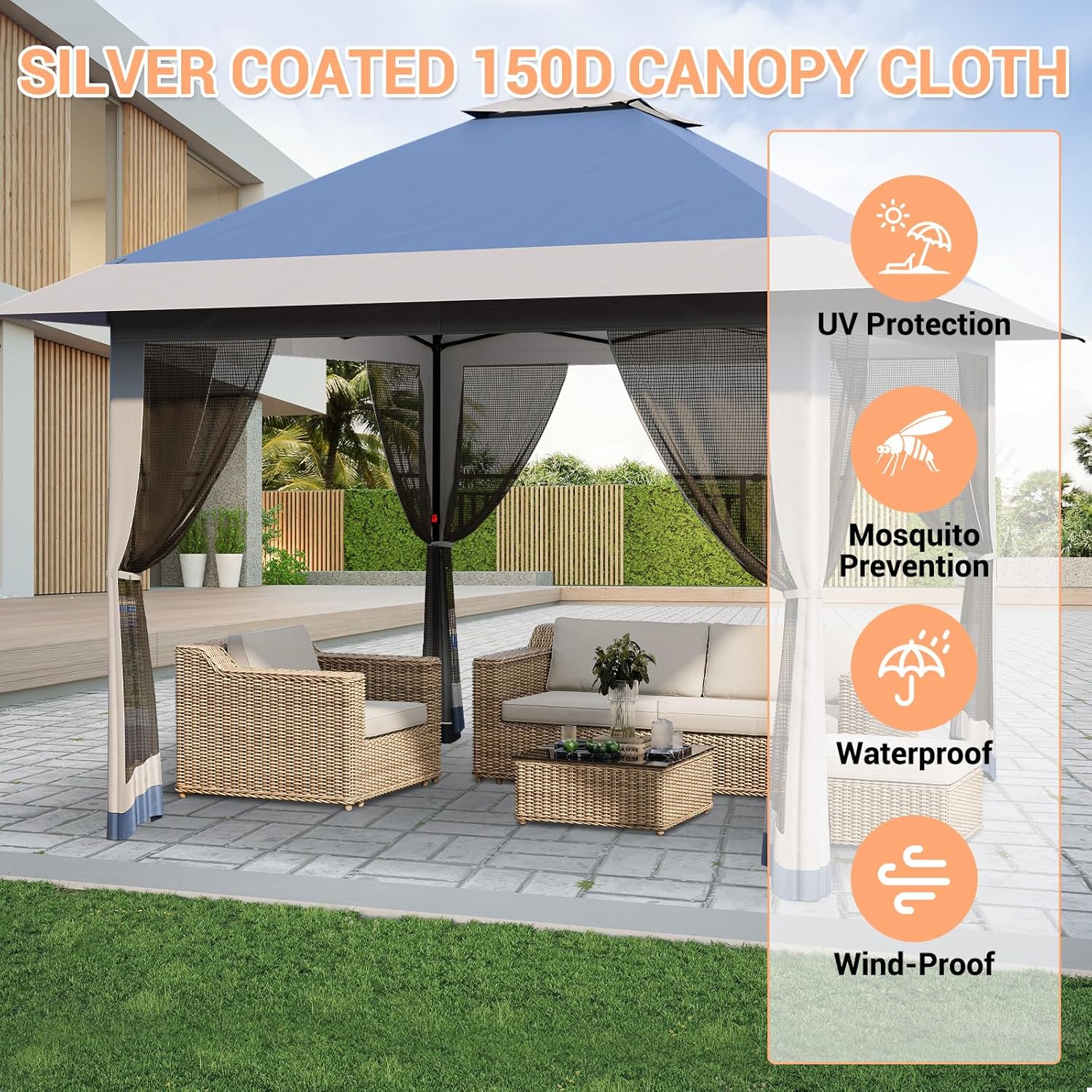 Garvee - Tonnelle pop-up série jardin - 3,96x3,96m - toit double imperméable, moustiquaire, hauteur réglable