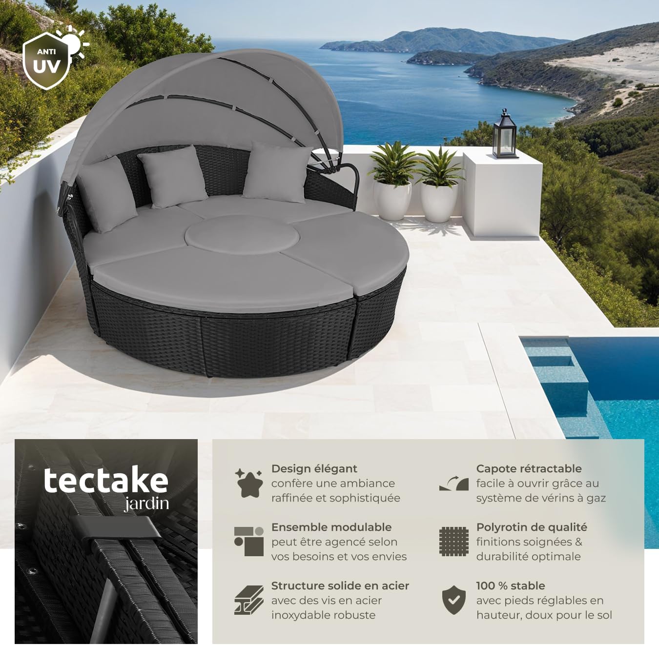 tectake - Bain de soleil modulable résine tressée, coussins, pare-soleil, dimensions relax pour jardin terrasse