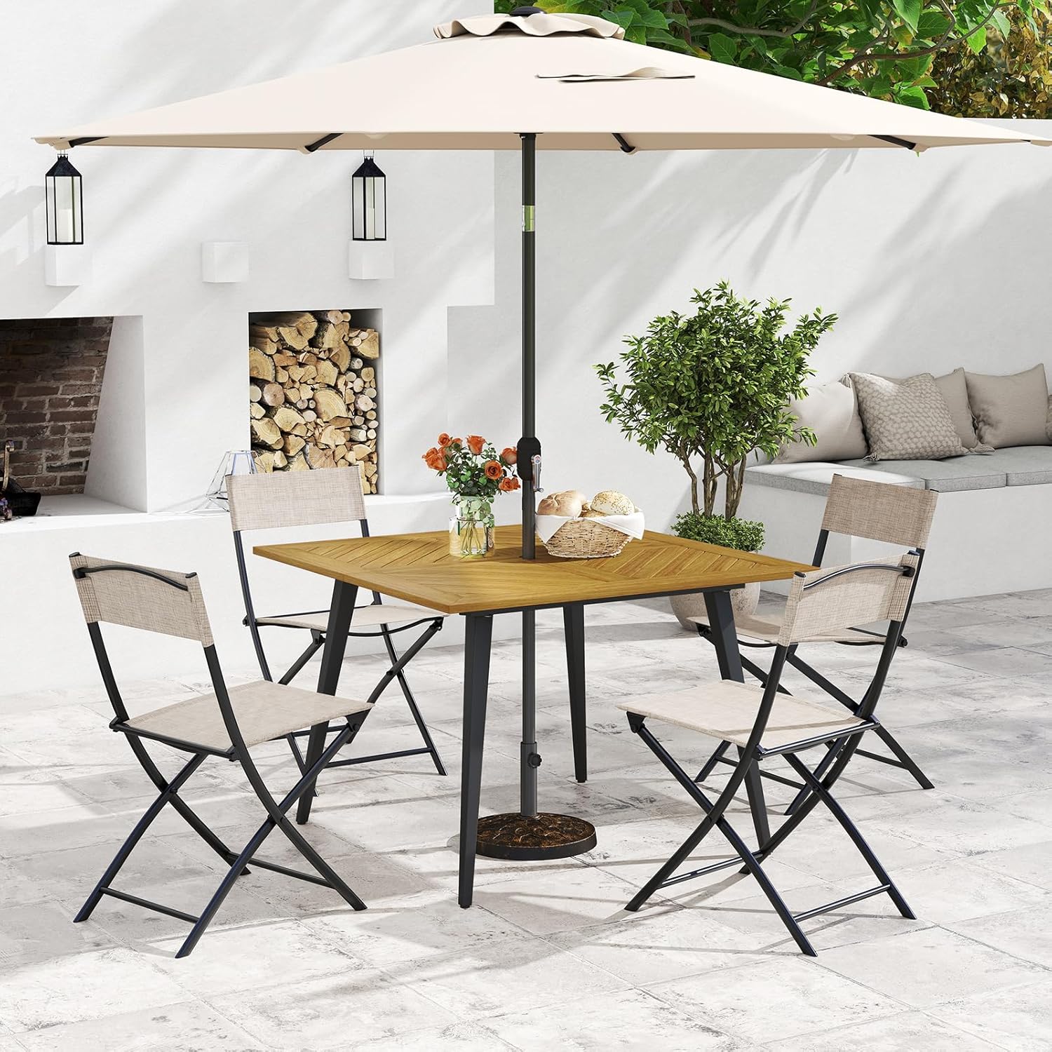 GOPLUS - table de jardin 107x75cm - bois d'acacia, métal, 75kg, trou parasol