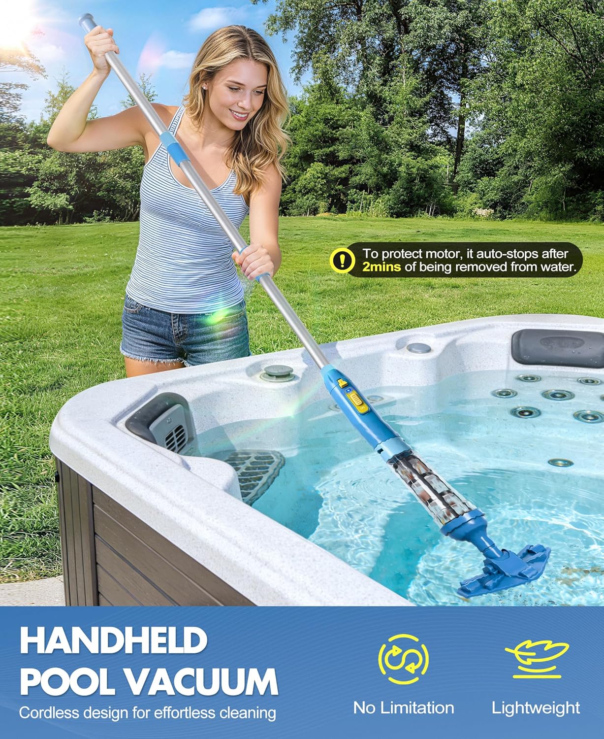 LanBlu - Aspirateur piscine sans fil, perche télescopique, 60L/min, 5200mAh, 90 min autonomie