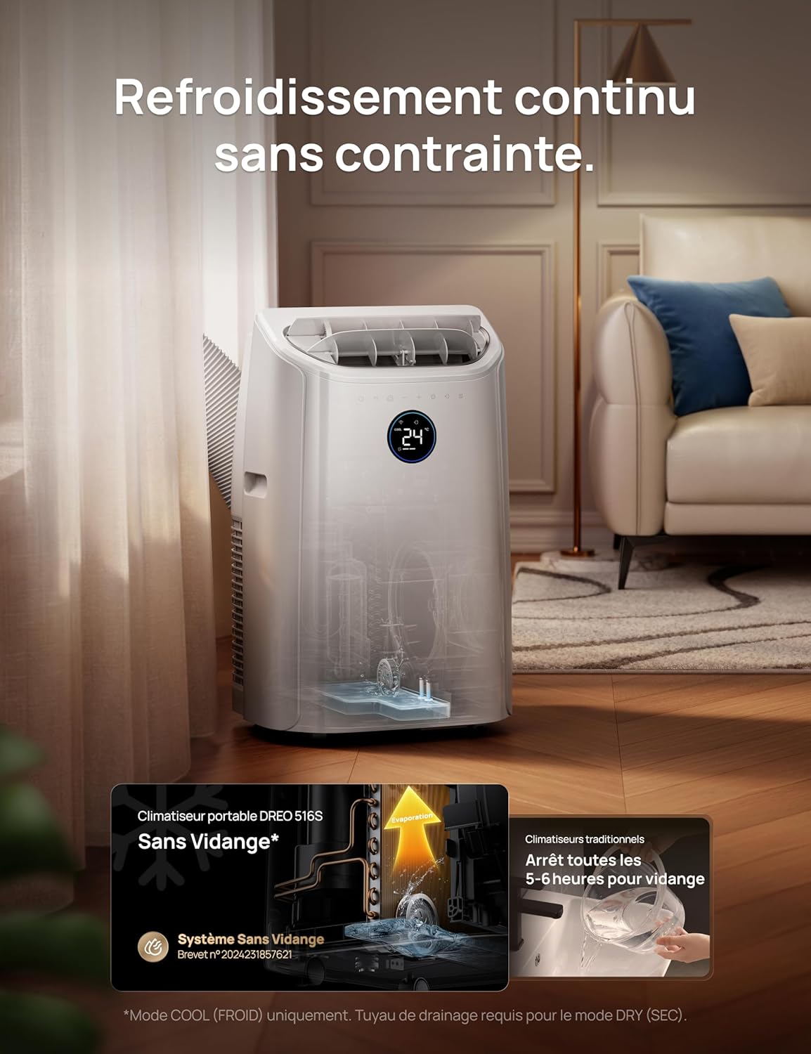 DREO - climatiseur mobile 12000 BTU, 3-en-1, silencieux, app/voix, 3.2L/h, AC516S