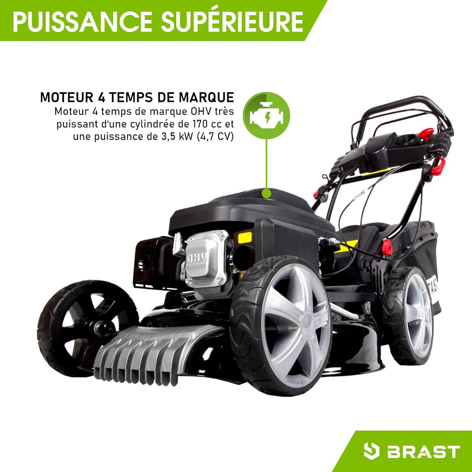 BRAST - Tondeuse thermique ESTART - 46cm, 170cc, tractée, 4en1, démarrage électrique