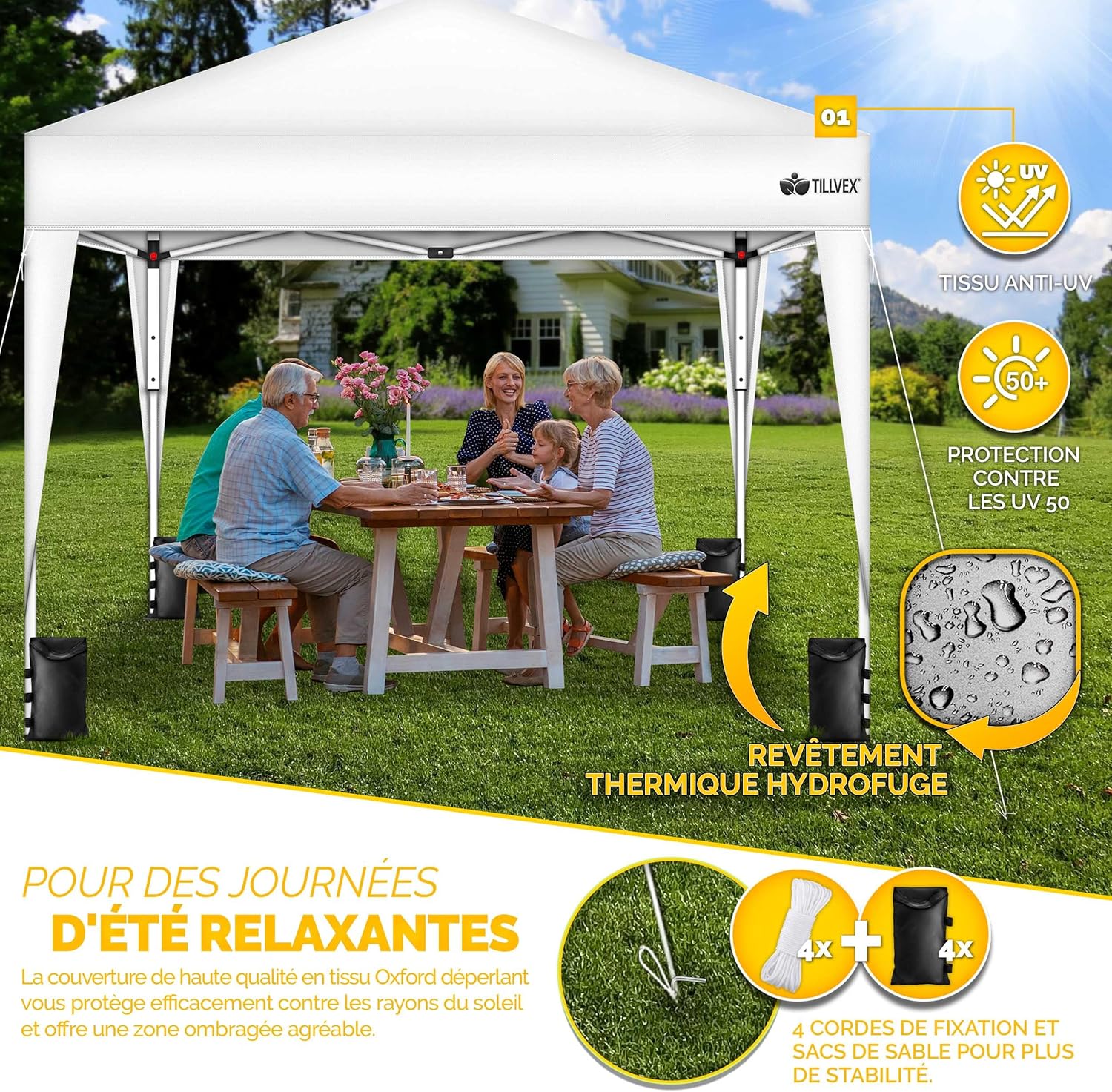 tillvex Tonnelle de Jardin 3 x 3 m Pliable | Tente Pliante à Hauteur réglable | Auvent pour Camping, Festival, Plage | Protection UV 50+ | Chapiteau avec Sac