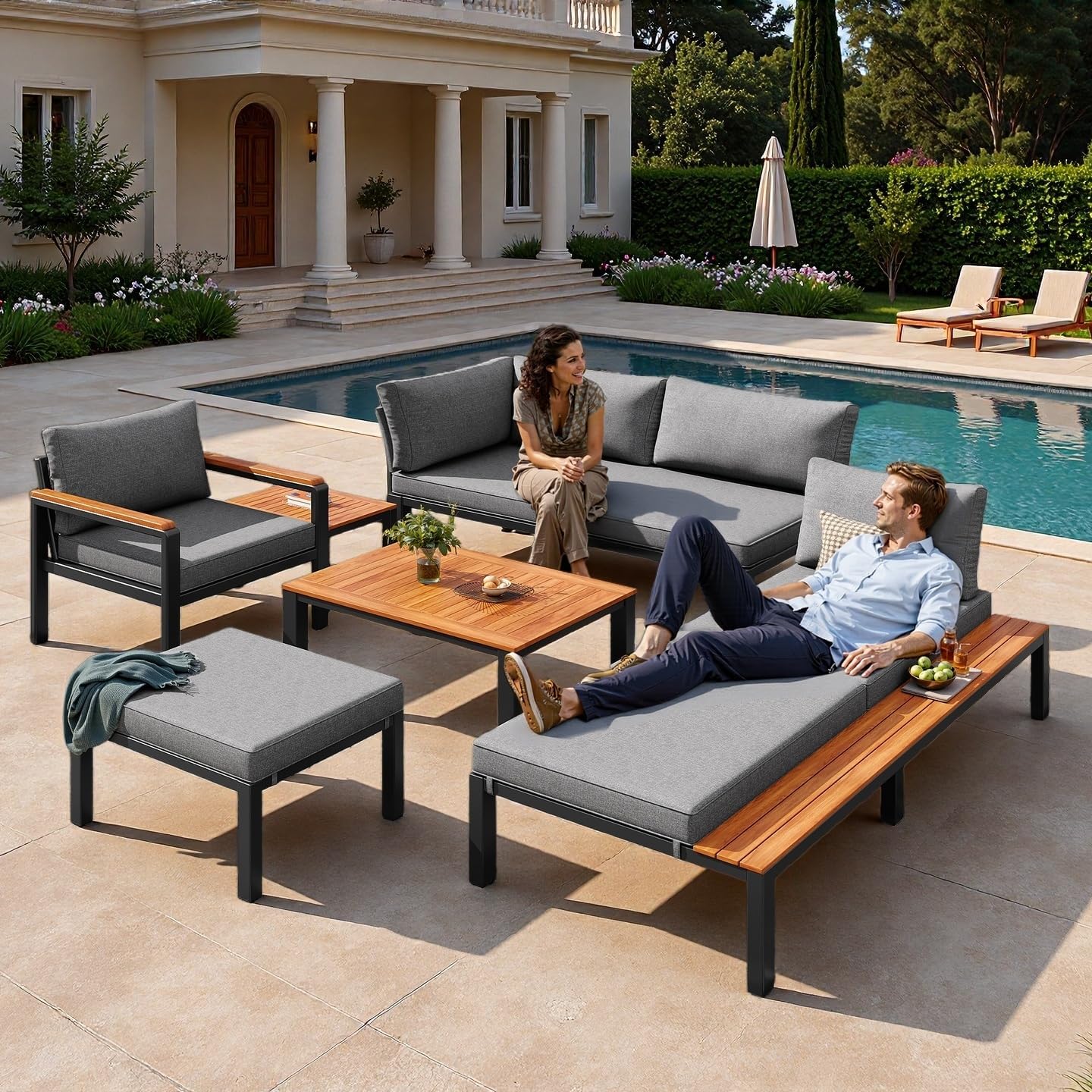 Sapgaks - salon de jardin 6 pers. - métal, coussins, 2 tables, gris