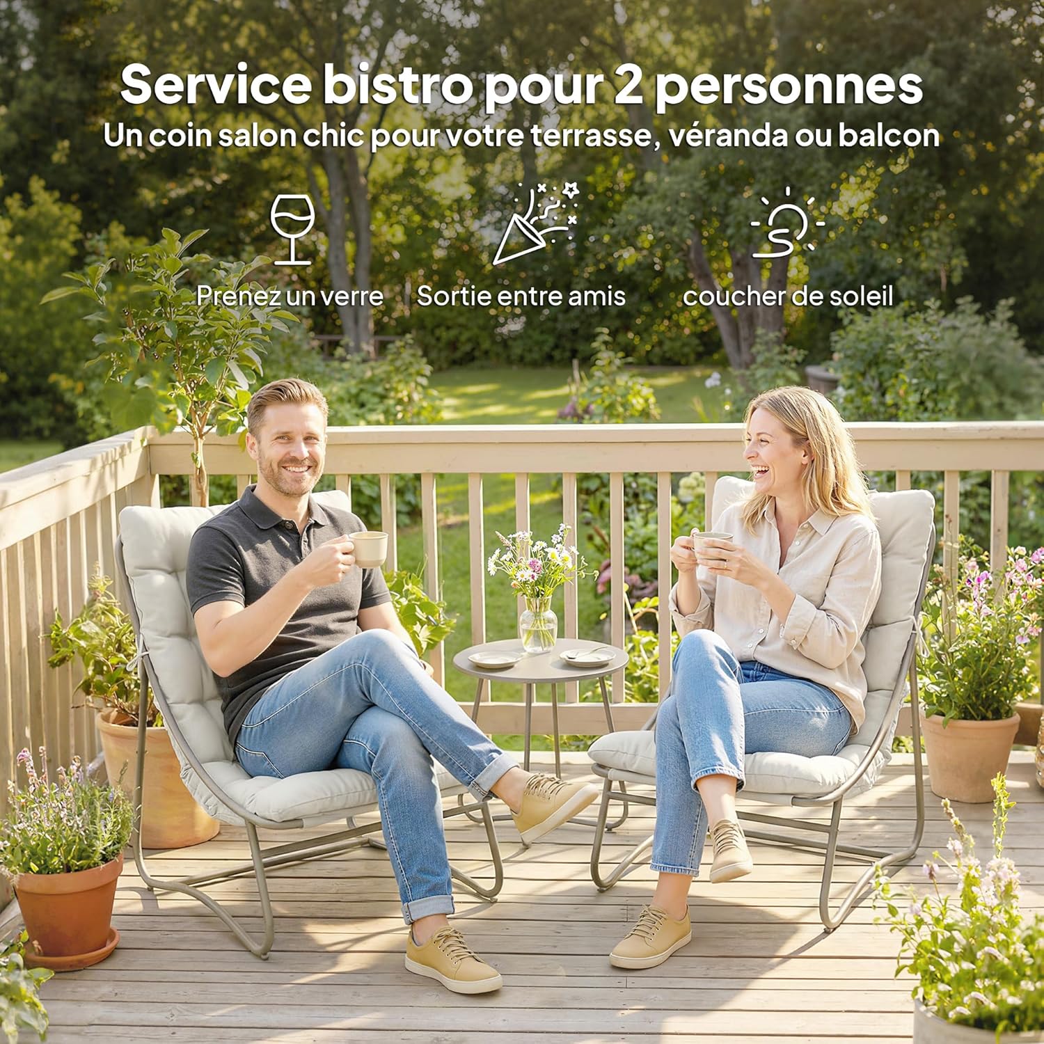 Outsunny - Salon Bistro 3 pièces - table ronde, chaises textilène, coussins - mobilier de jardin métal, 2 personnes, gri