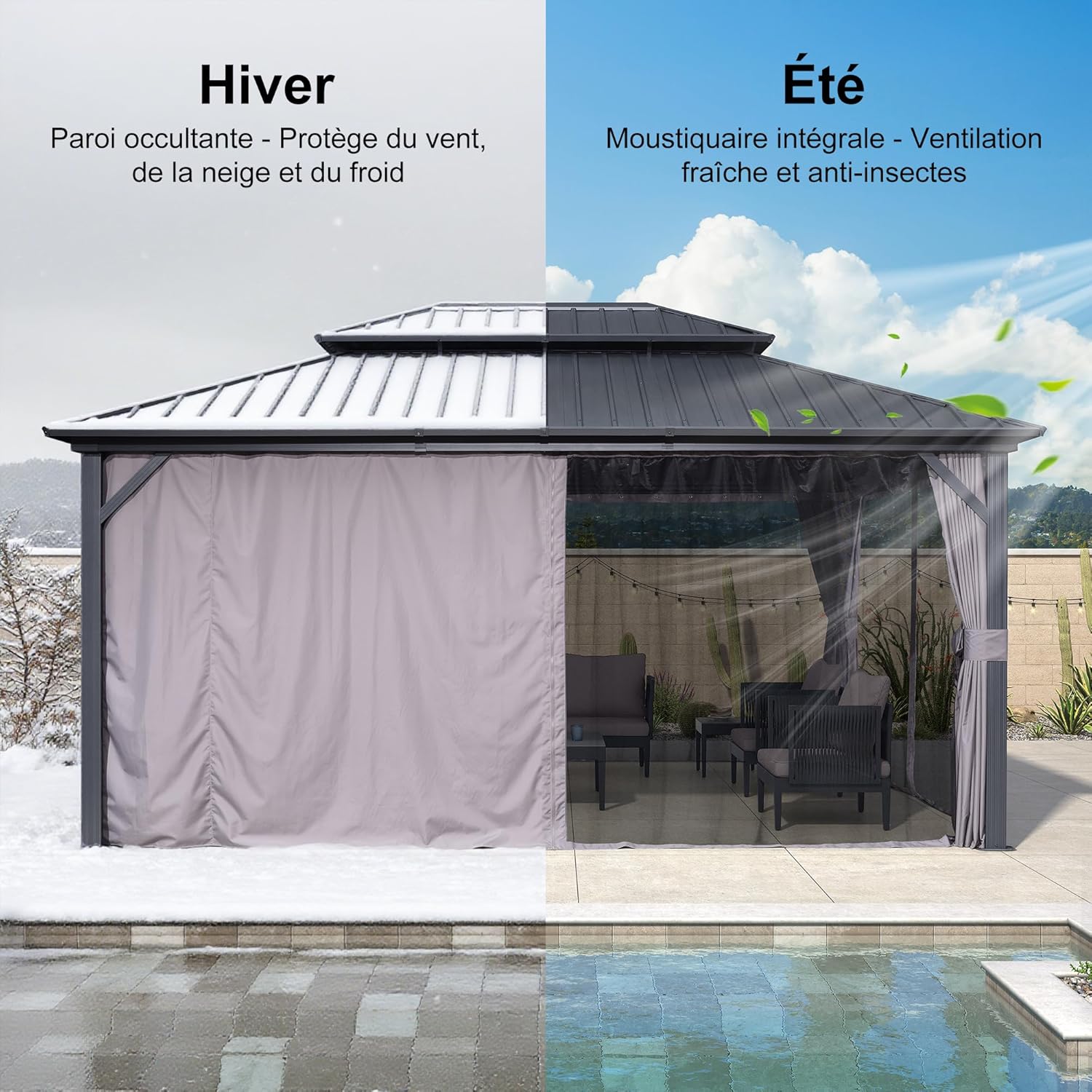 PURPLE LEAF - pergola série double toit - 4,85x3,65 m - alu acier, rideaux, moustiquaire