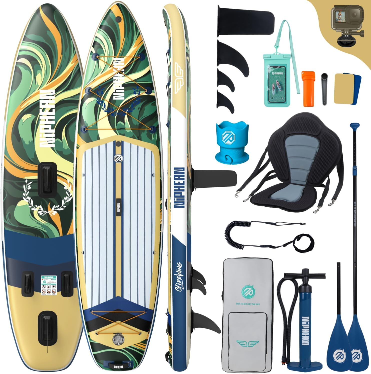 Niphean Extra Large Paddle Gonflable, Sup à 2+1 Personnes/Famille, Planches de Stand Up Paddle Gonflables avec (Idéal Débutant) Aileron Équilibré, Housse Étanche, Paddle Gonflable Adulte, Cadeaux