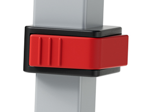 Support de montage ou pièce de connexion rouge et gris avec design rectangulaire et sections de poignée saillantes