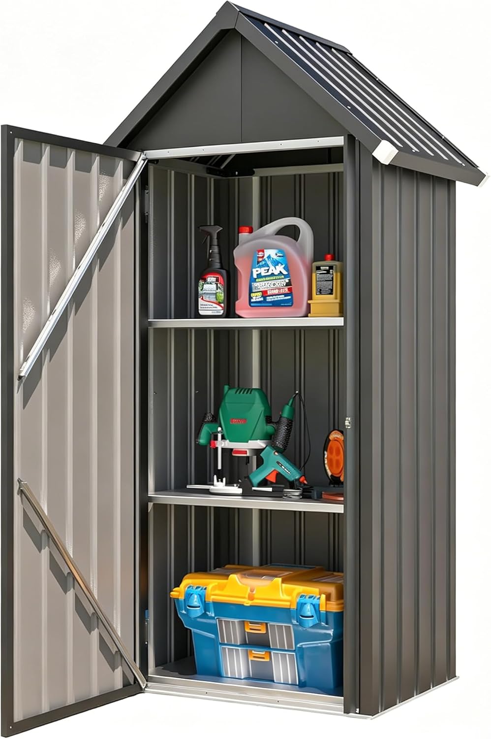 YODOLLA Abri de Jardin Métal, Cabane de Rangement Tout Climat, Résistant aux Intempéries (Pluie, Vent, Soleil)， Porte Fermeture Sécurisée et 3 Étagères Amovibles, 76x55x178cm, Gris foncé