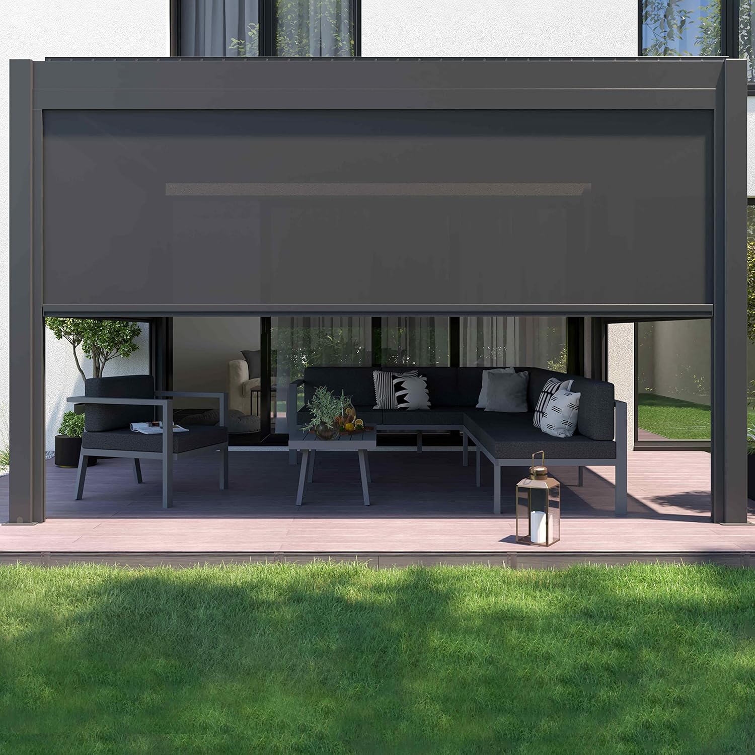Oviala - Pergola bioclimatique motorisée autoportée 3x4m, LED, stores