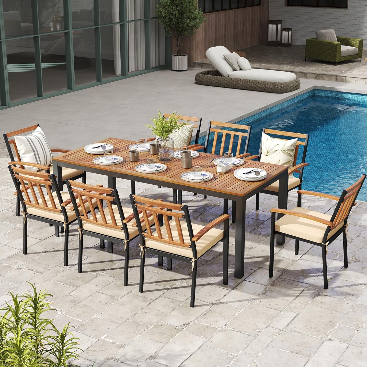 GOPLUS - Table de jardin 8 places, bois d'acacia, métal, 90x200x75cm