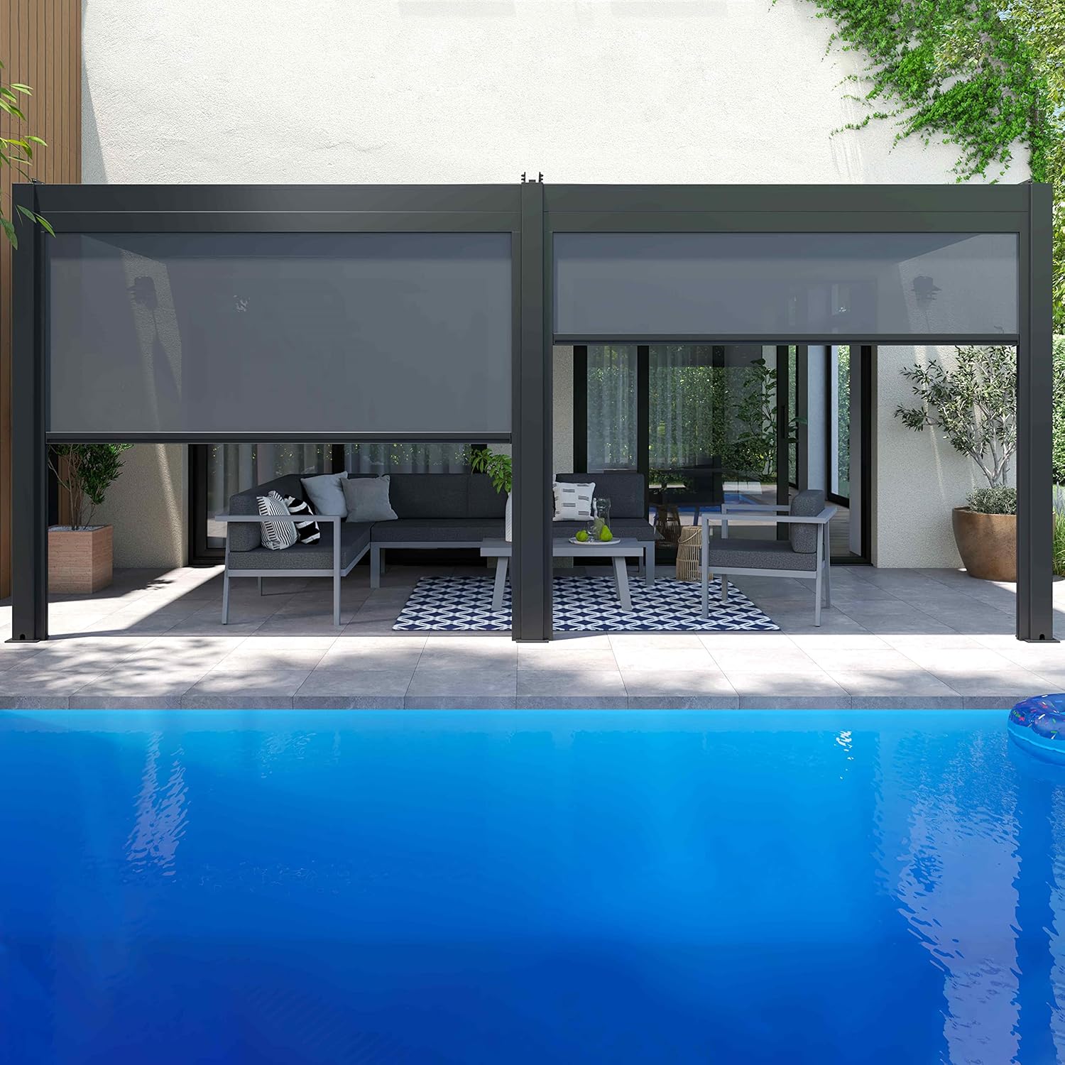 Oviala - Pergola bioclimatique autoportée - 3x6m - 4 stores gris