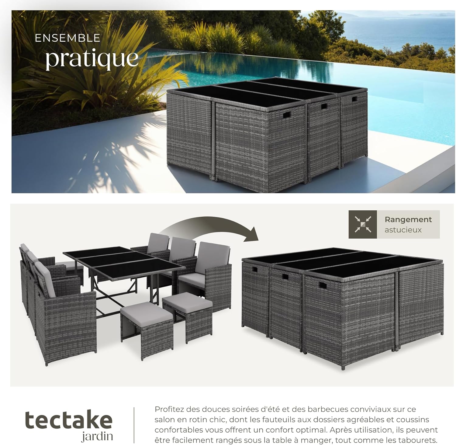 tectake - Salon de jardin Poly Rotin 10 pers. 6 fauteuils et 4 poufs, table et housse