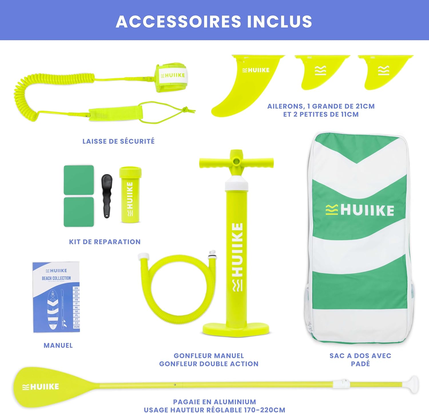 HUIIKE Paddle Gonflable Adulte avec Accessoires Inclus, Pagaie, Ailerons, Pompe. Planche de Stand Up Paddle Grande Stabilité et Résistance. 305 x 84 x 15 cm, Jusqu'à 130 kg