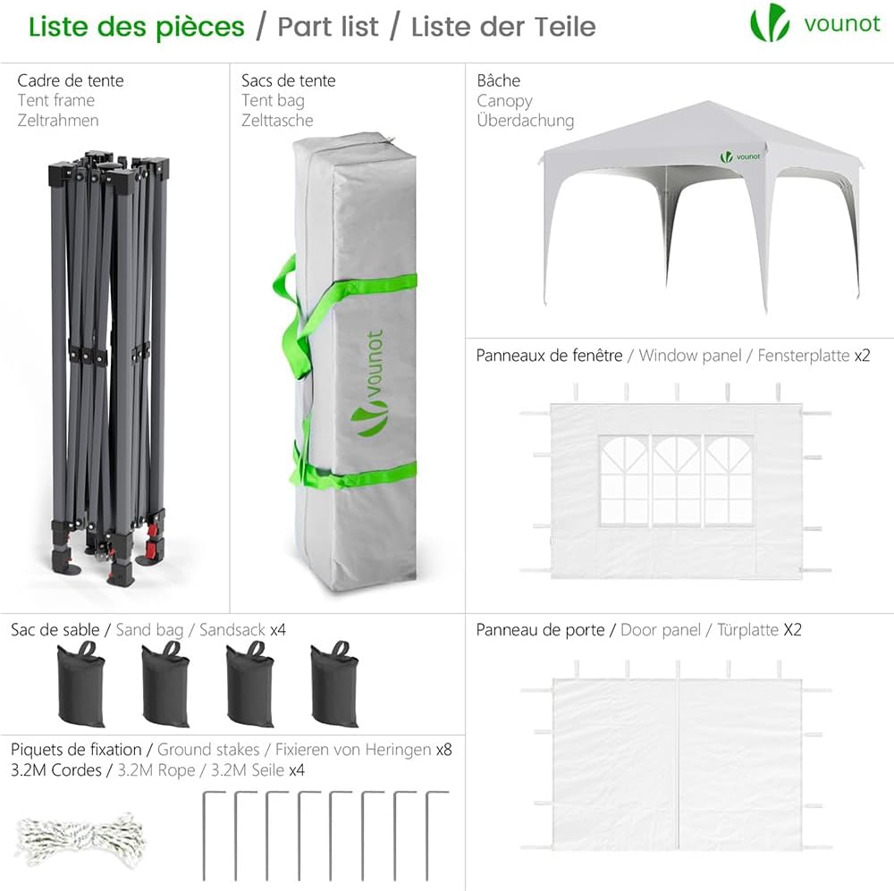 VOUNOT - Tonnelle pliable 3x3m, imperméable, anti-UV, réglable, sac transport