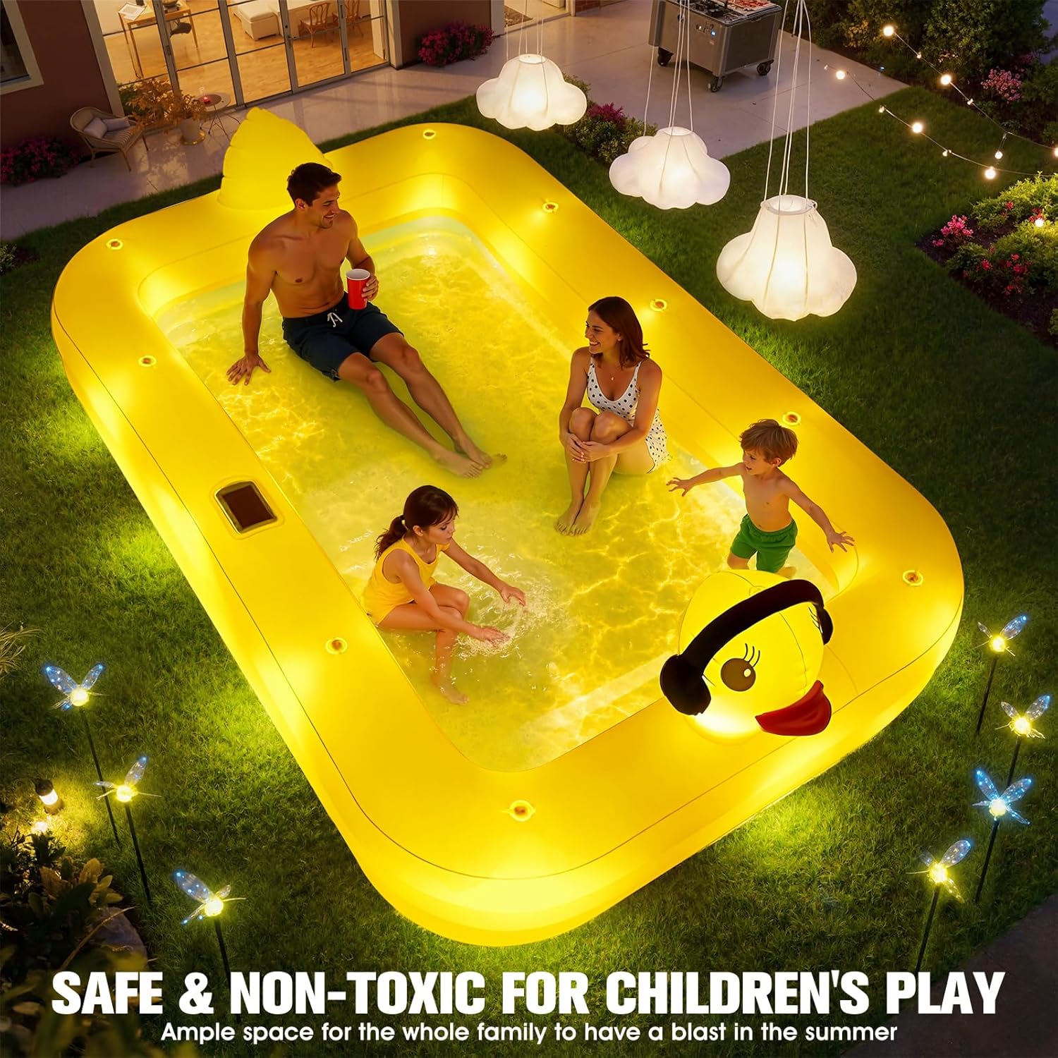 KingSom Piscine Gonflable avec Lumières, Caneton Piscine Rectangulaire Gonflable Solaire, Pataugeoire Grande pour Enfants et Adultes,254 x 160 x 56 cm Piscine Familiale Hors Sol pour Jardin,Extérieur