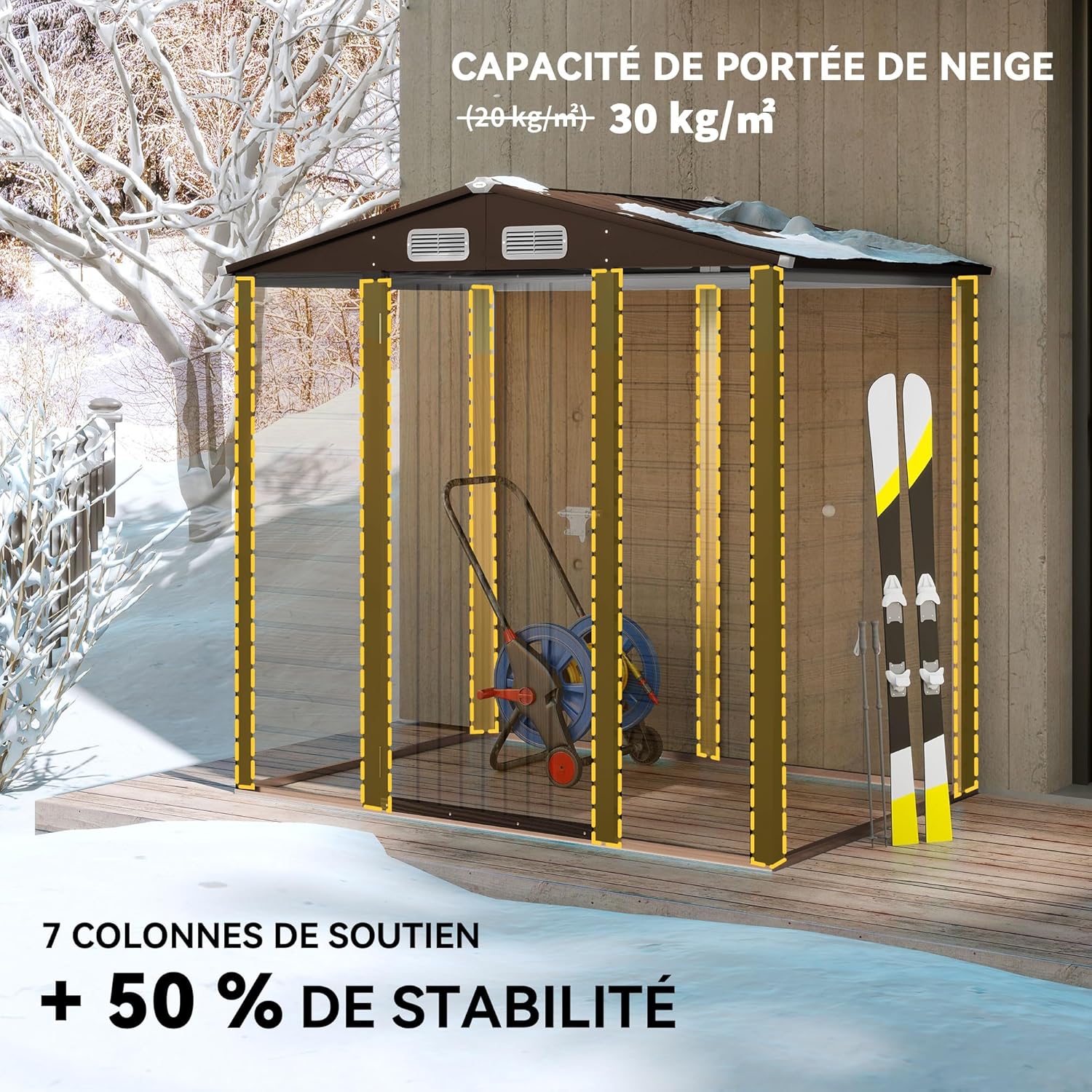 Outsunny Abri de Jardin en métal 2,27 m², Structure en Acier galvanisé améliorée, abri à Outils extérieur, toiture 2 pans avec aérations, Gants et Cadenas Inclus, 190x131x188cm, chêne