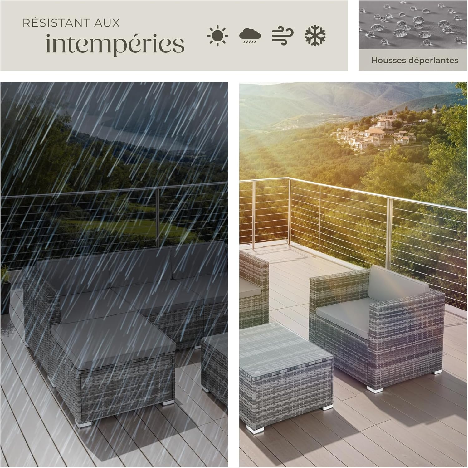 tectake - Ensemble Poly Rotin 5 places modulable dimensions, salon extérieur
