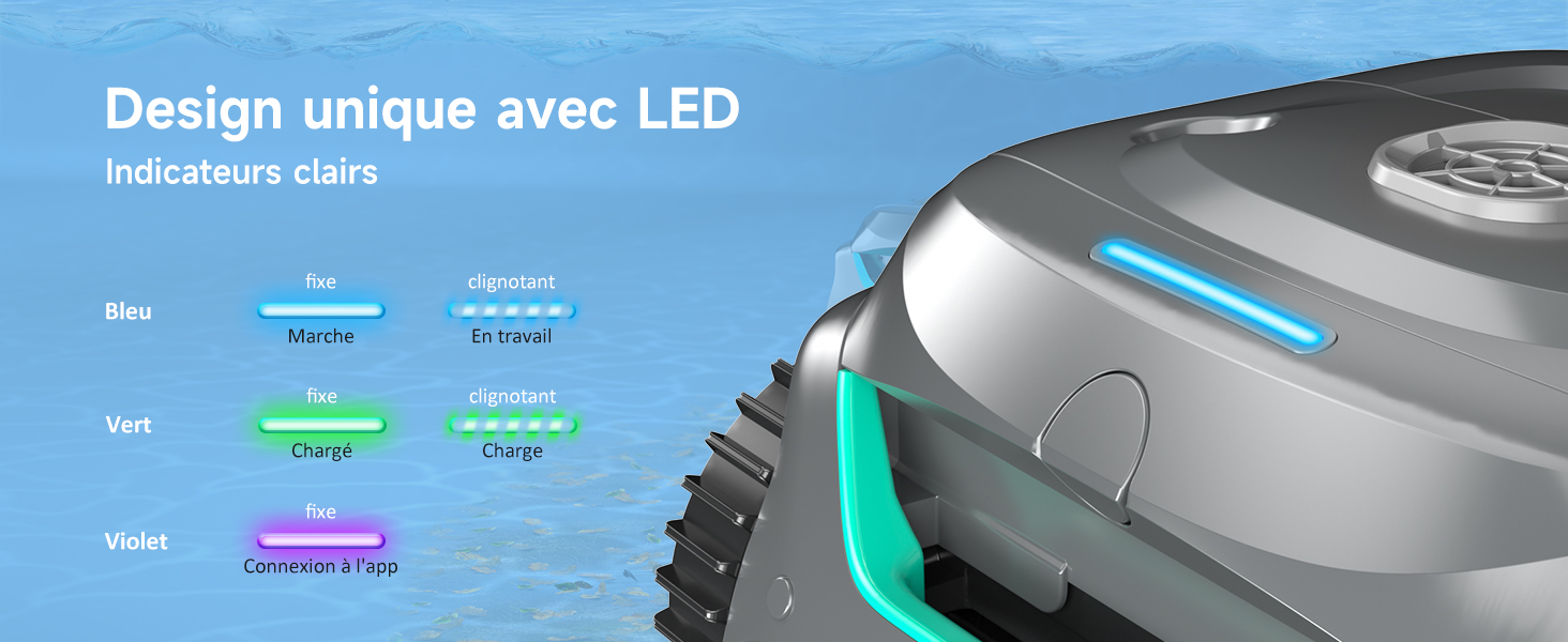 Appareil robotique avec indicateurs LED. Boîtier argenté avec éclairage bleu et vert. L'écran affiche des indicateurs d'état codés par couleur pour différentes fonctions en français