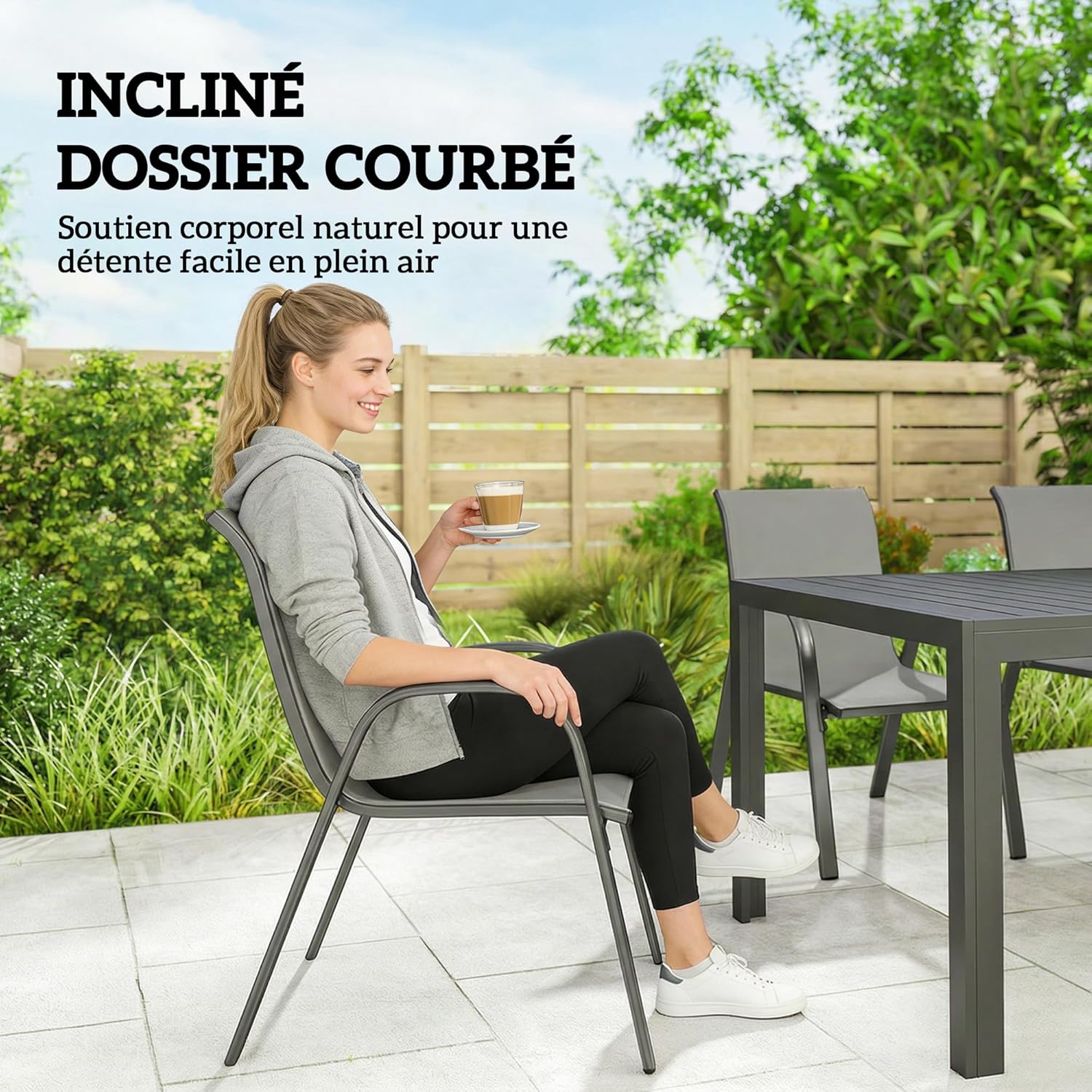 Outsunny - Salon de jardin extérieur 7 pcs - 150cm - table à lattes, acier antirouille, 6 chaises empilables, gris clair